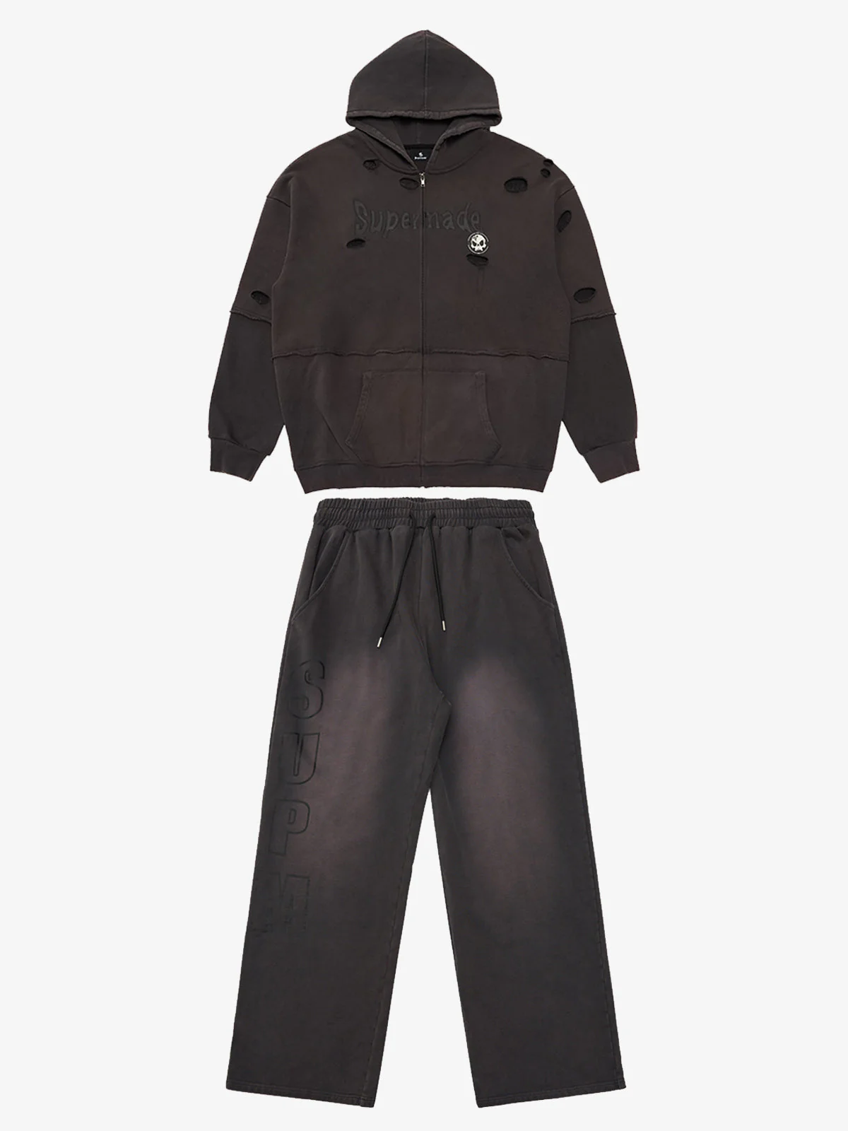 Original Washed & Ripped Skull Cardigan Cotton Hoodie Set