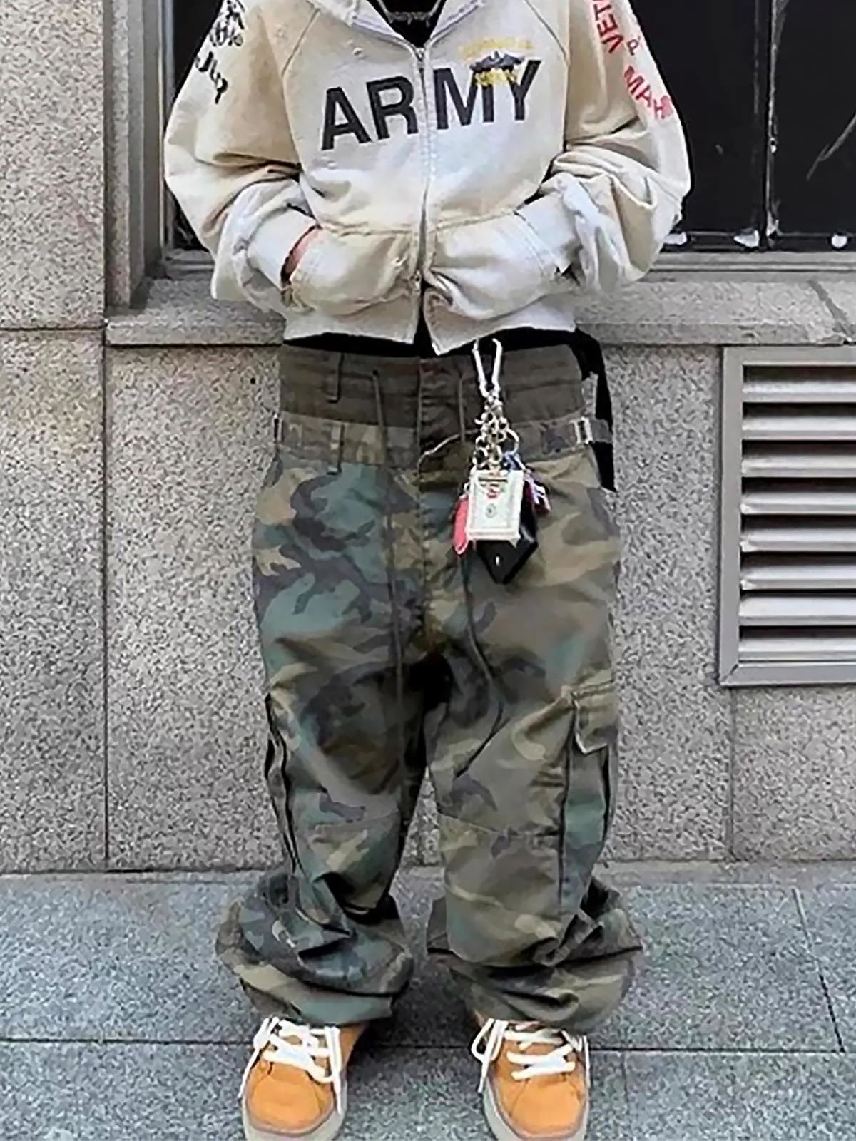 Three-Waist Splicing Camouflage Cargo Buckle Waist Design Overalls