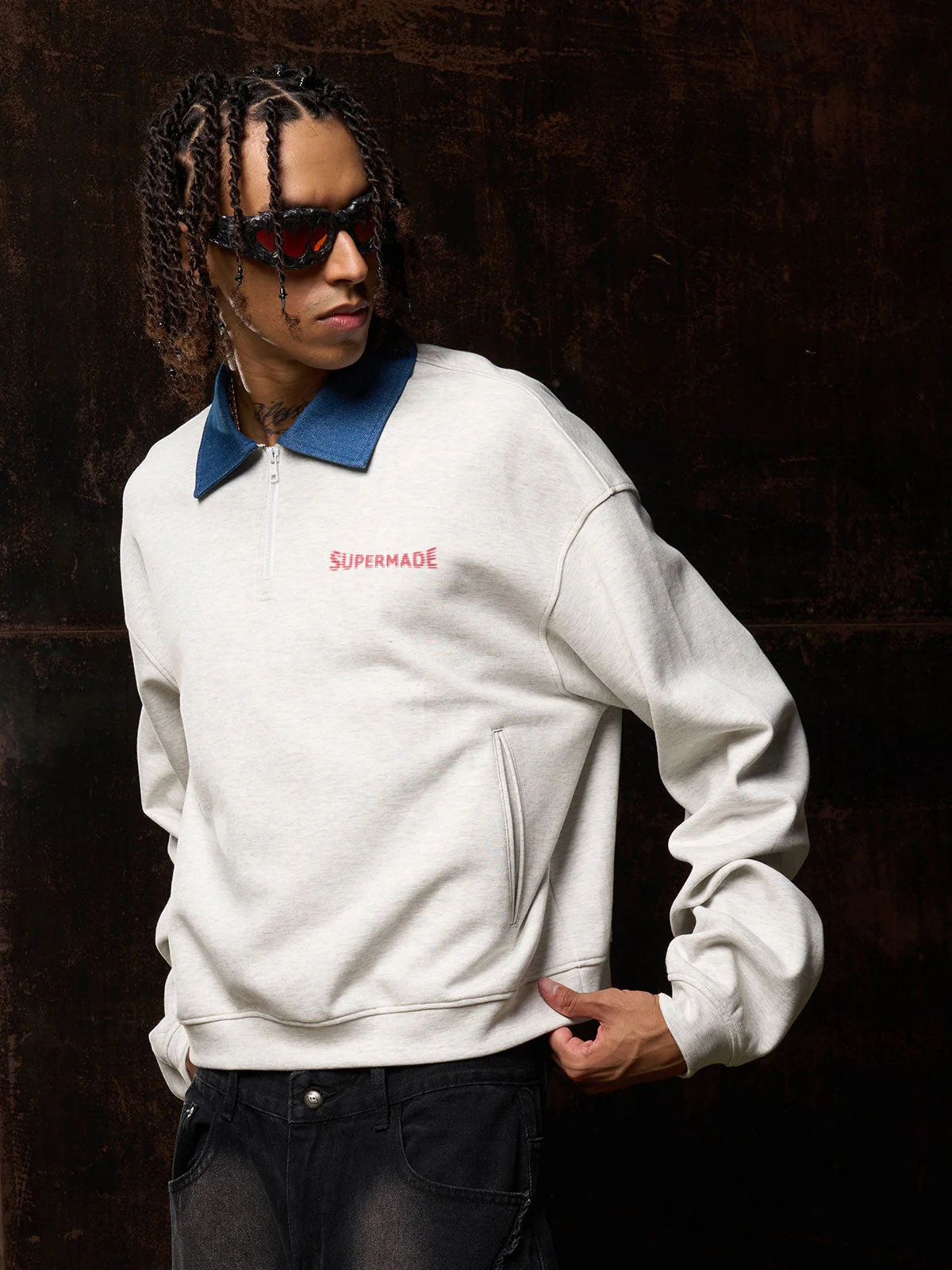 Original Denim Lapel Patchwork Sweatshirt