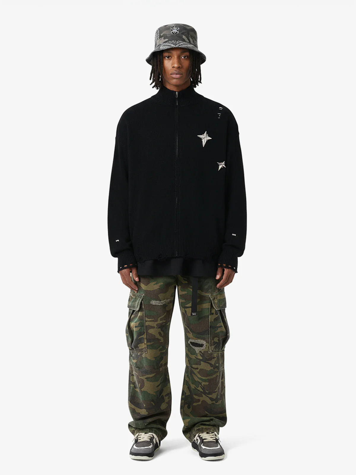 Woven Ripped Camouflage Flared Cargo Pants - 2410