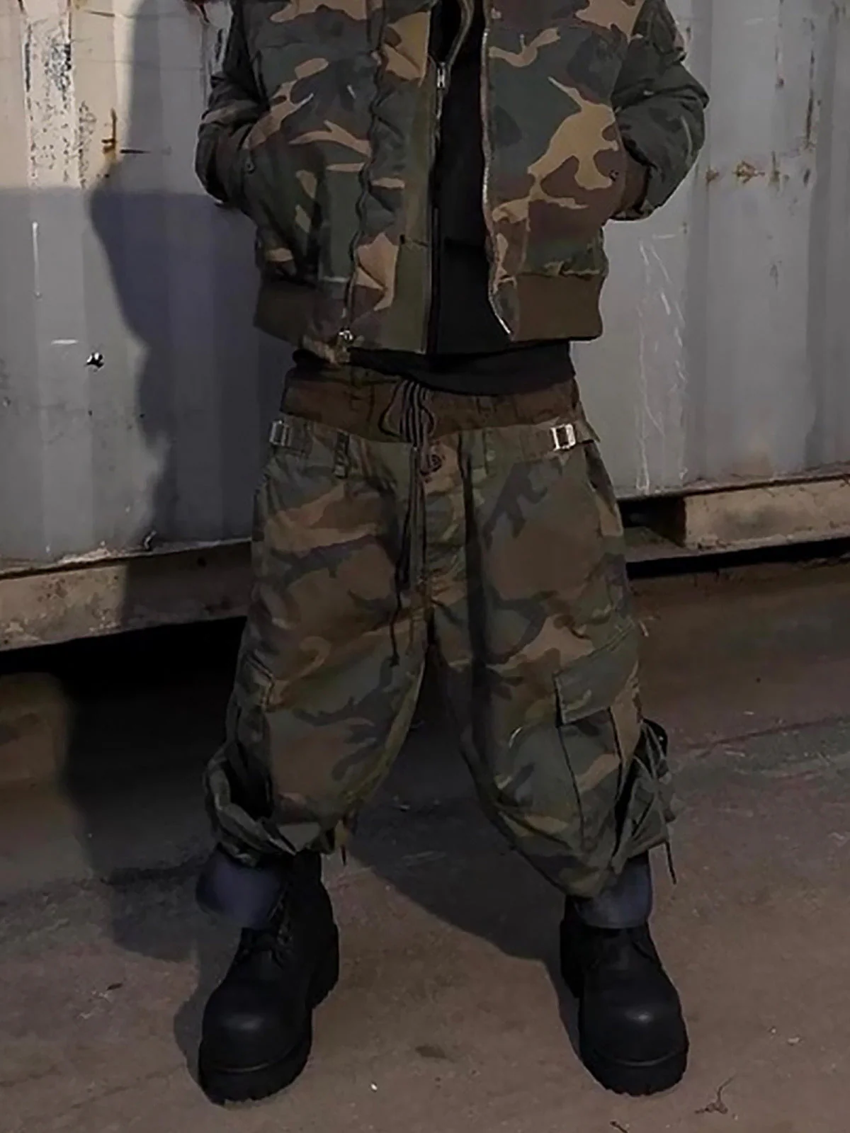 Three-Waist Splicing Camouflage Cargo Buckle Waist Design Overalls