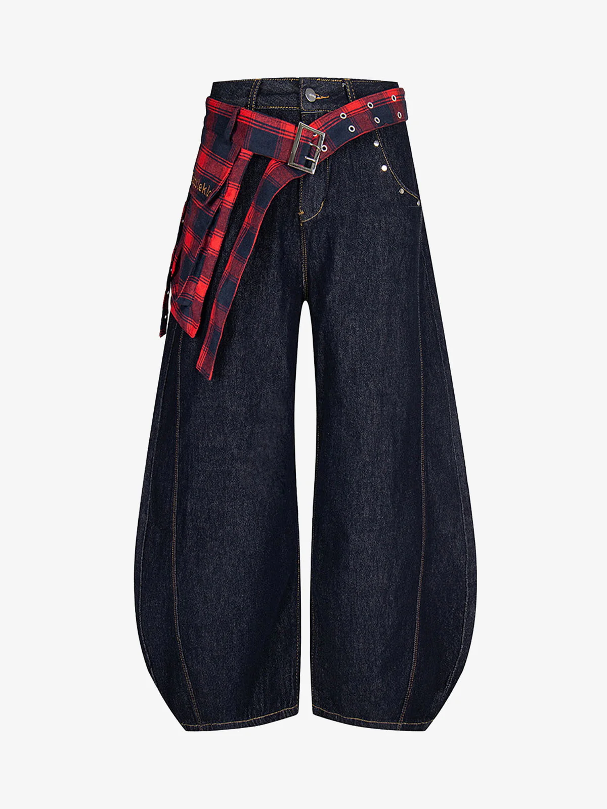 Washed Plaid Belt Barrel Jeans