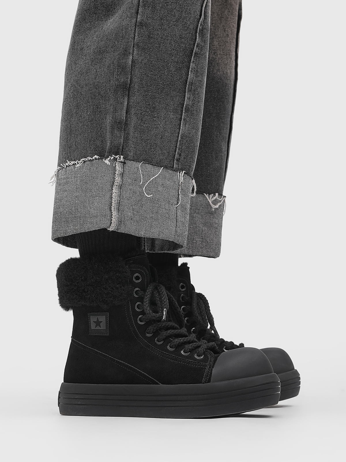 Fleece-Lined Suede Platform Warm Mid-Top Boots