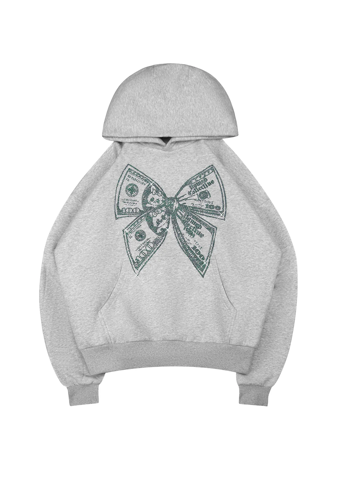 STRANGERS RHINESTONE $ BOW PULLOVER HOODIE GREY MARL
