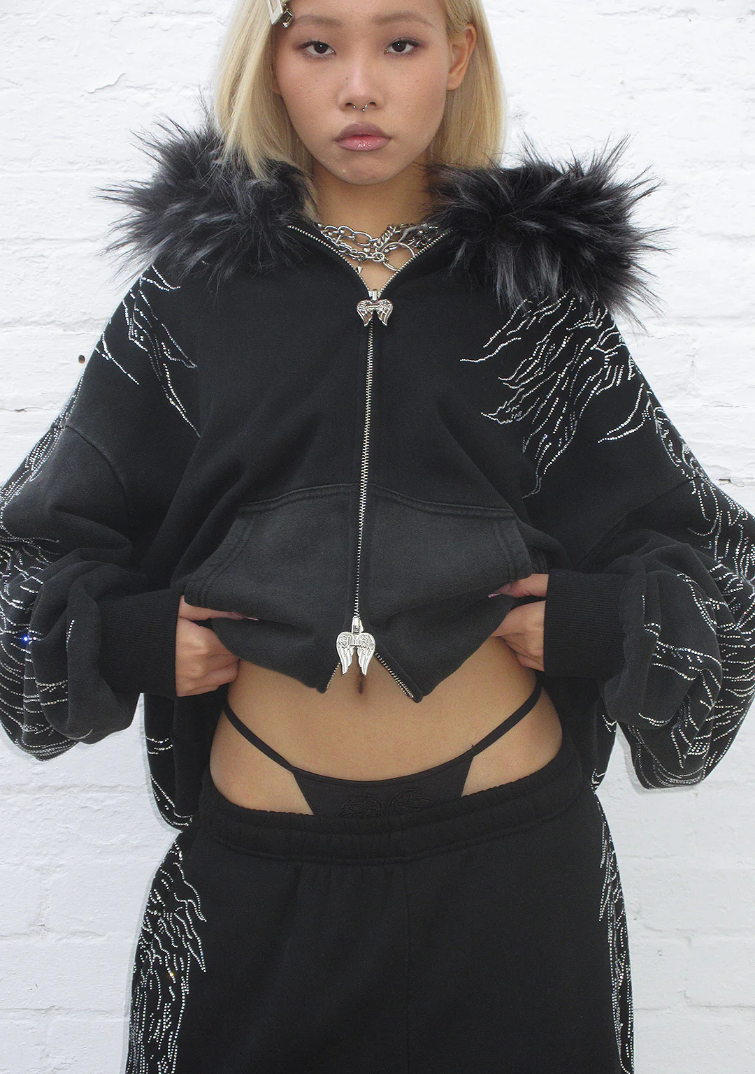 FALLEN FAUX FUR RHINESTONE ZIP HOODIE WASHED BLACK (DETACHABLE FUR)