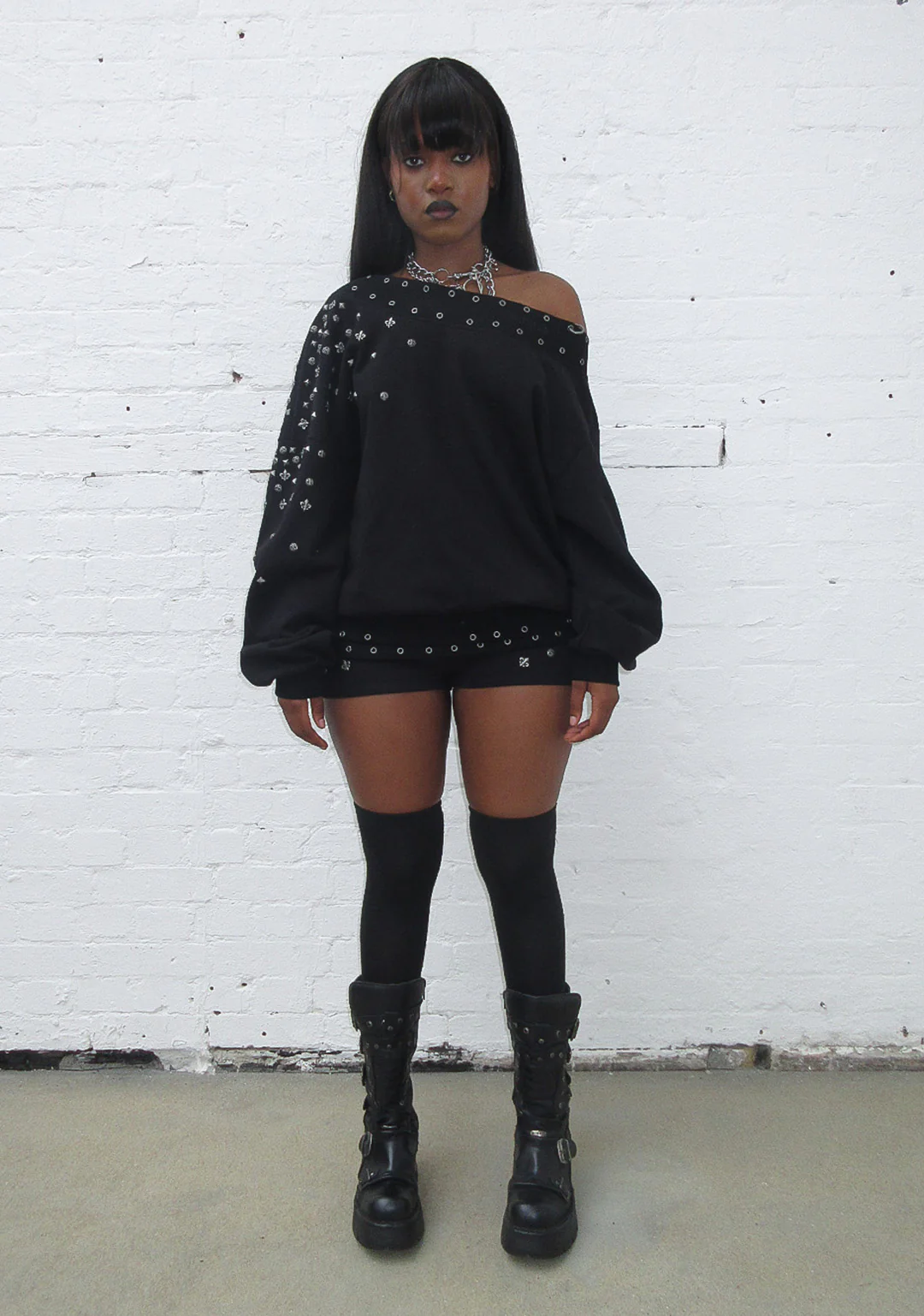 MIDNIGHT STUDDED OFF THE SHOULDER SWEATER BLACK