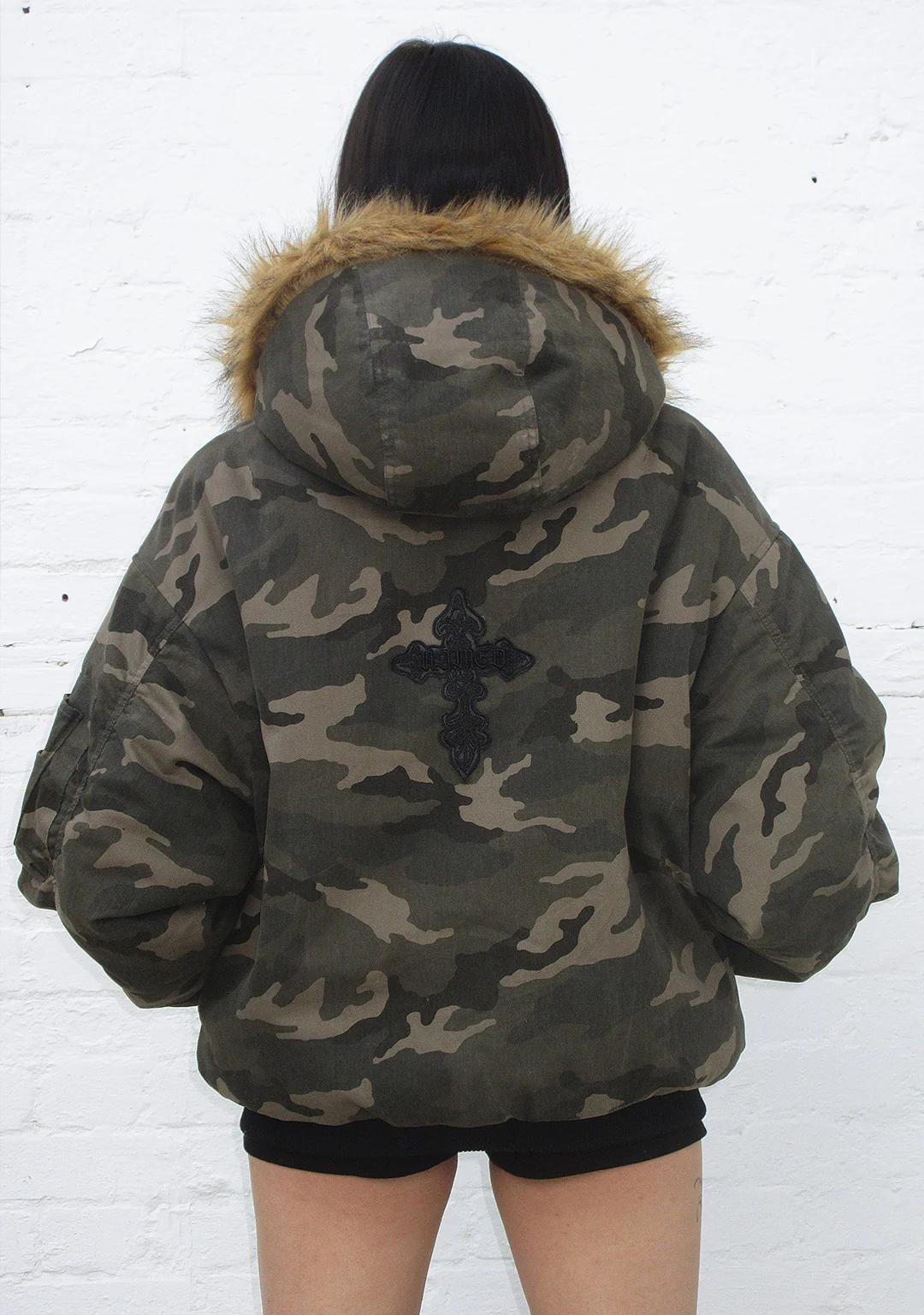 FERAL FAUX FUR REVERSIBLE BOMBER JACKET CAMO AND NATURAL