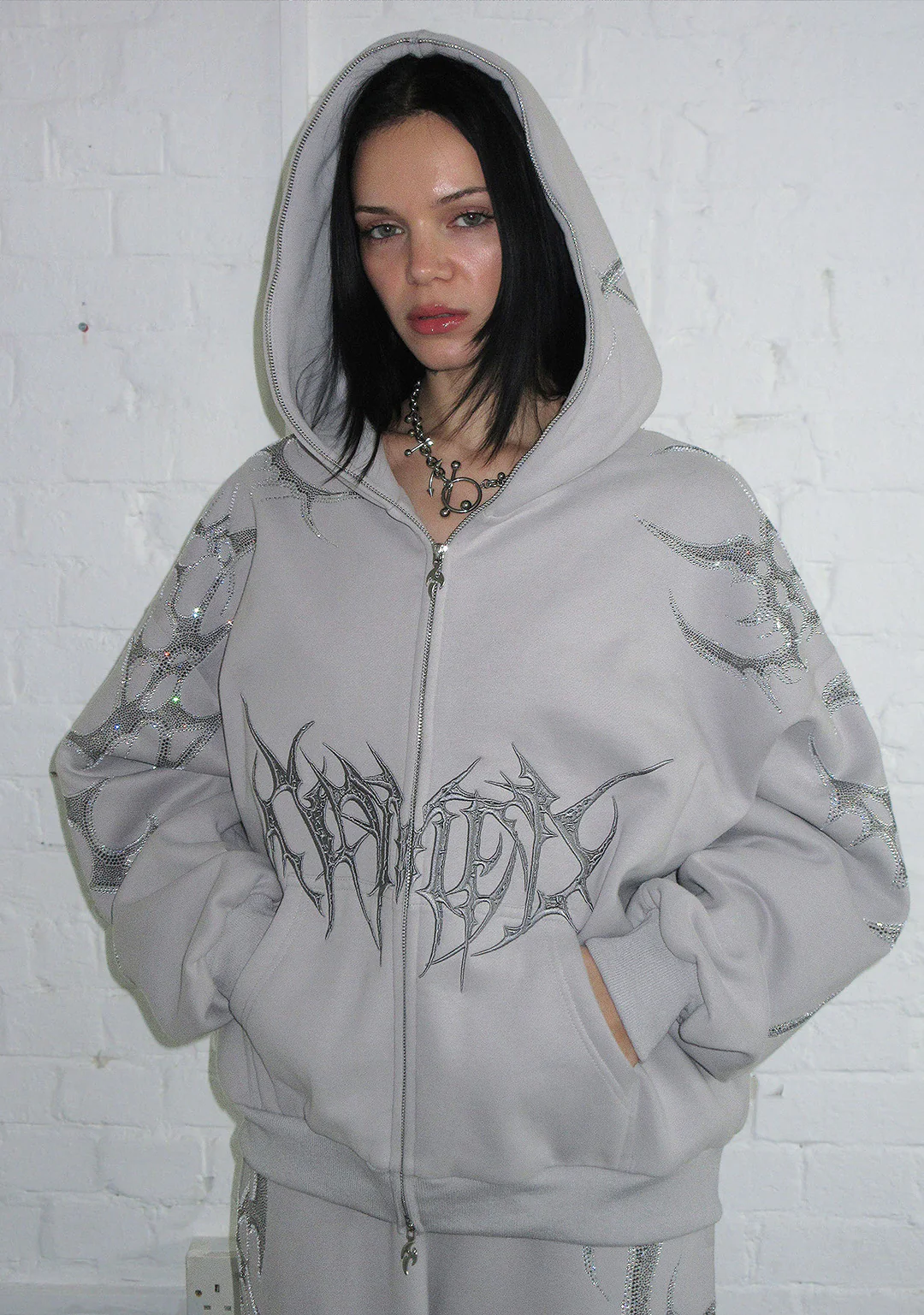 CRASH RHINESTONE ZIP HOODIE SMOKE GREY
