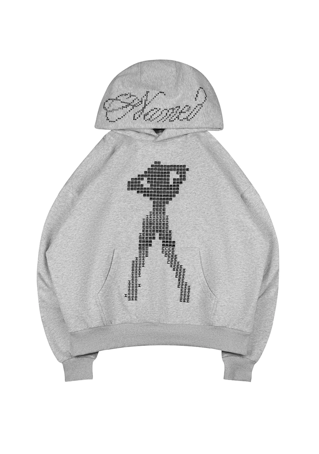 STRANGERS STUDDED SILHOUETTE PULLOVER HOODIE GREY MARL