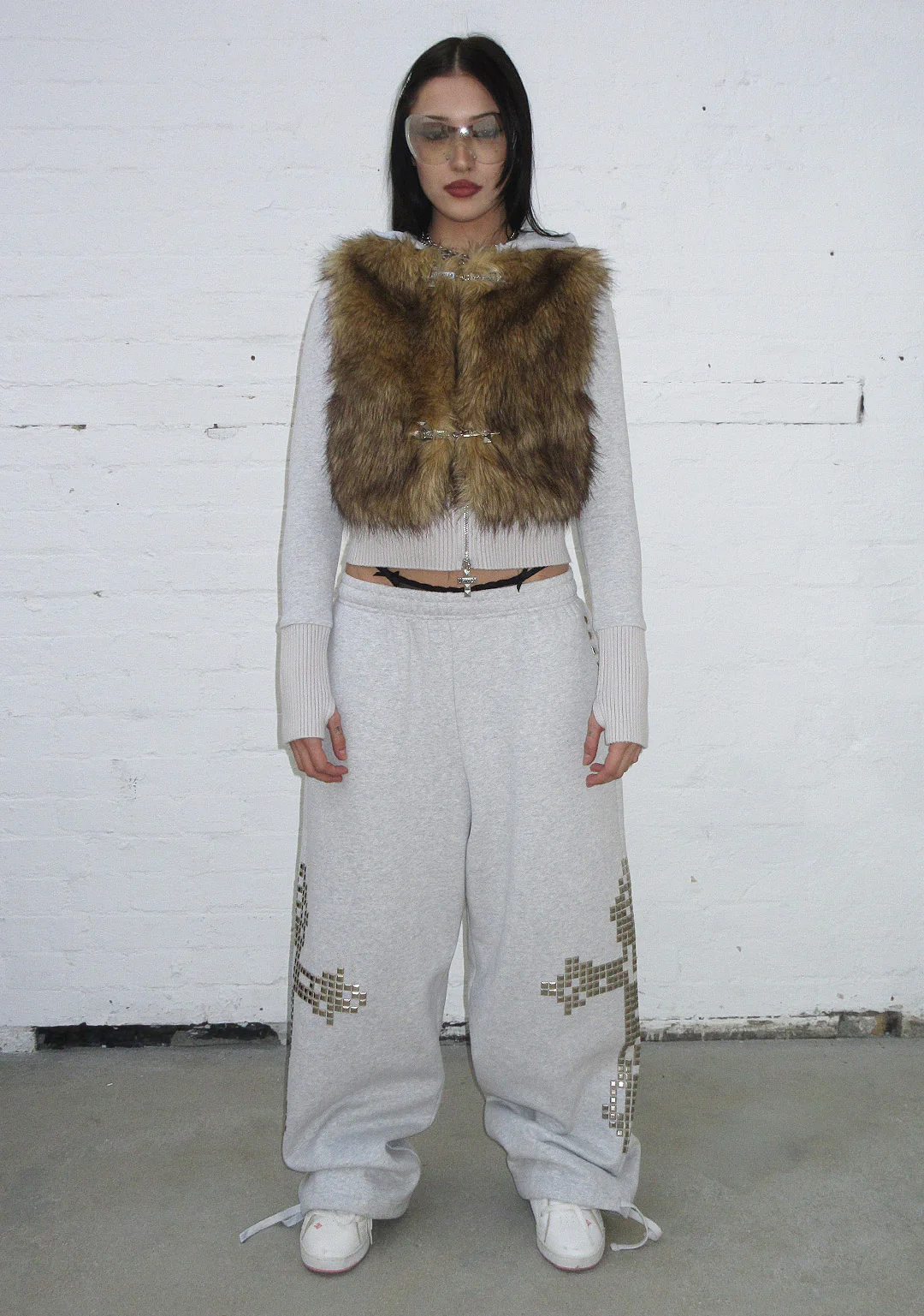 FAITHFUL FAUX FUR VEST AND FITTED ZIP HOODIE TWO PIECE SET GREY MARL