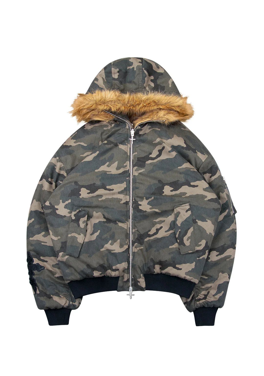 FERAL FAUX FUR REVERSIBLE BOMBER JACKET CAMO AND NATURAL