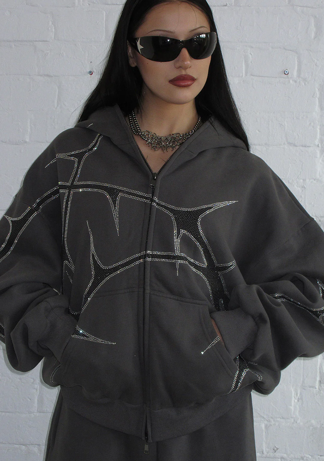 THORN RHINESTONE ZIP HOODIE CHARCOAL