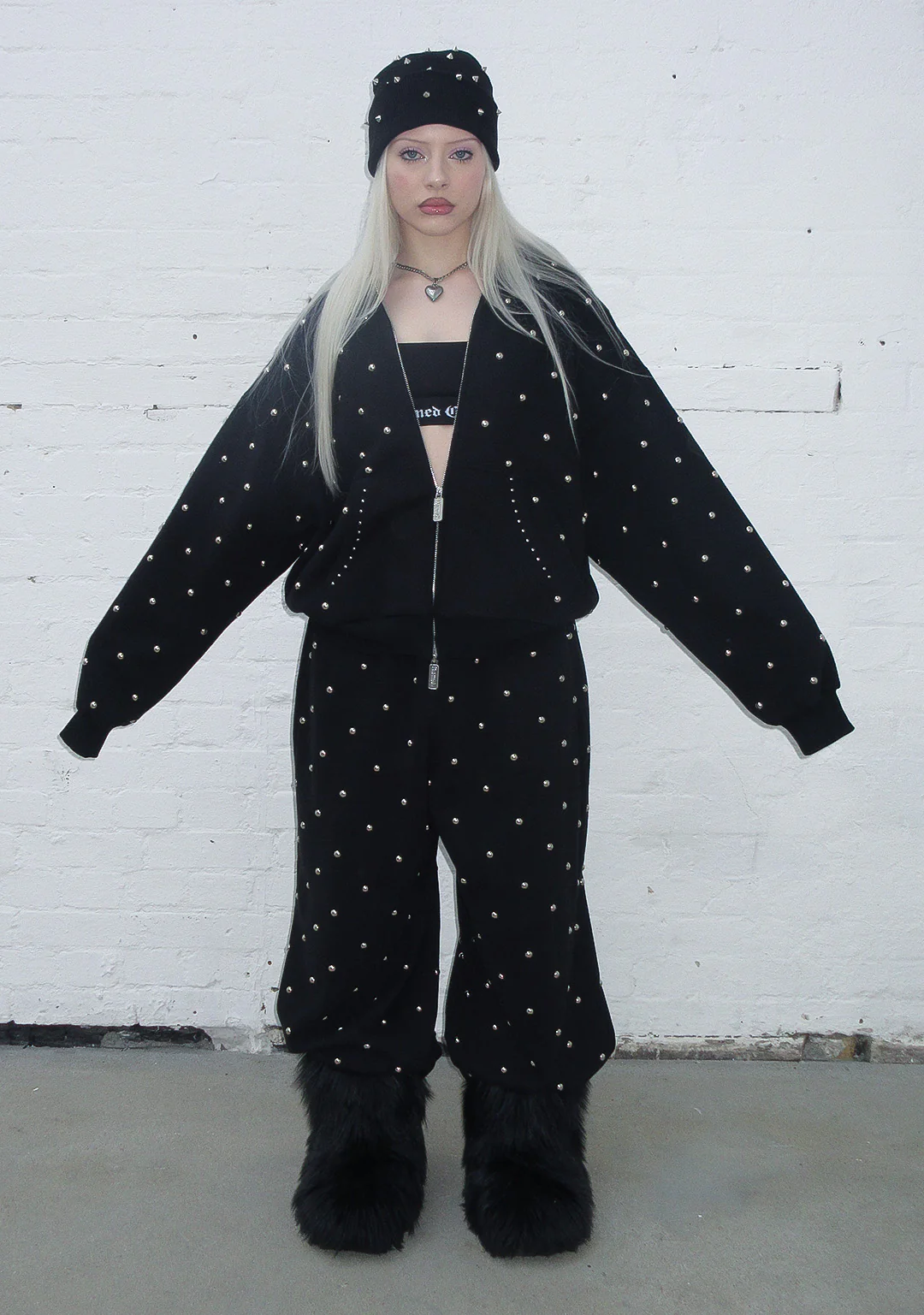 NOVA STUDDED POLKA DOT ZIP HOODIE BLACK