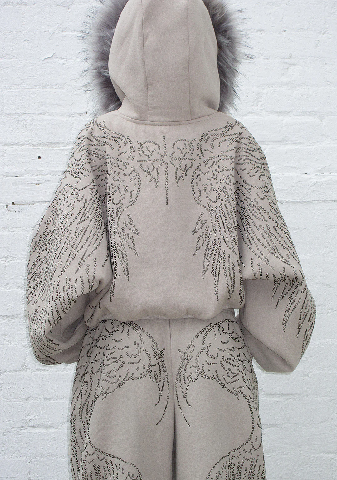 FALLEN FAUX FUR STUDDED CROP ZIP HOODIE BONE (DETACHABLE FUR)