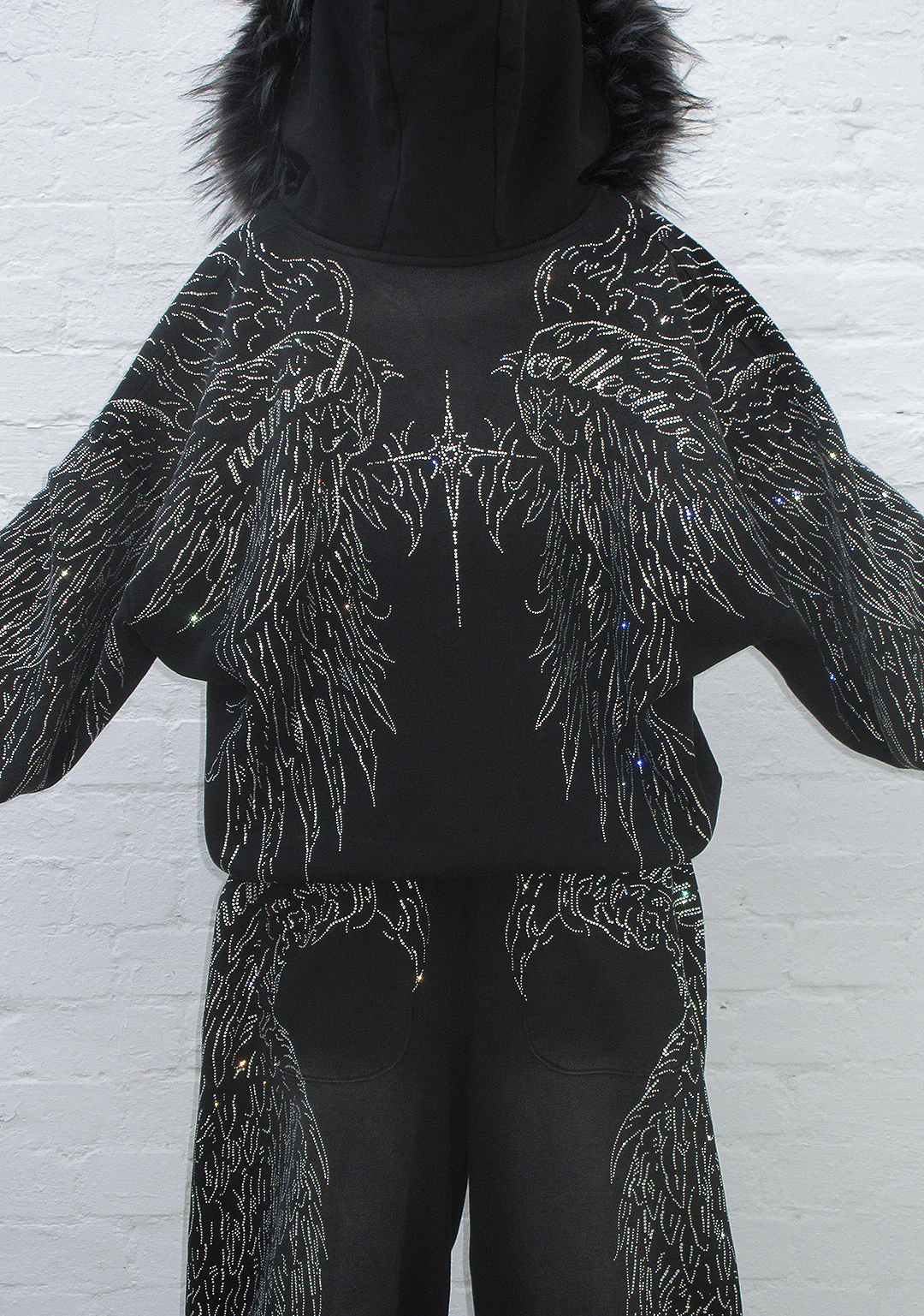 FALLEN FAUX FUR RHINESTONE ZIP HOODIE WASHED BLACK (DETACHABLE FUR)