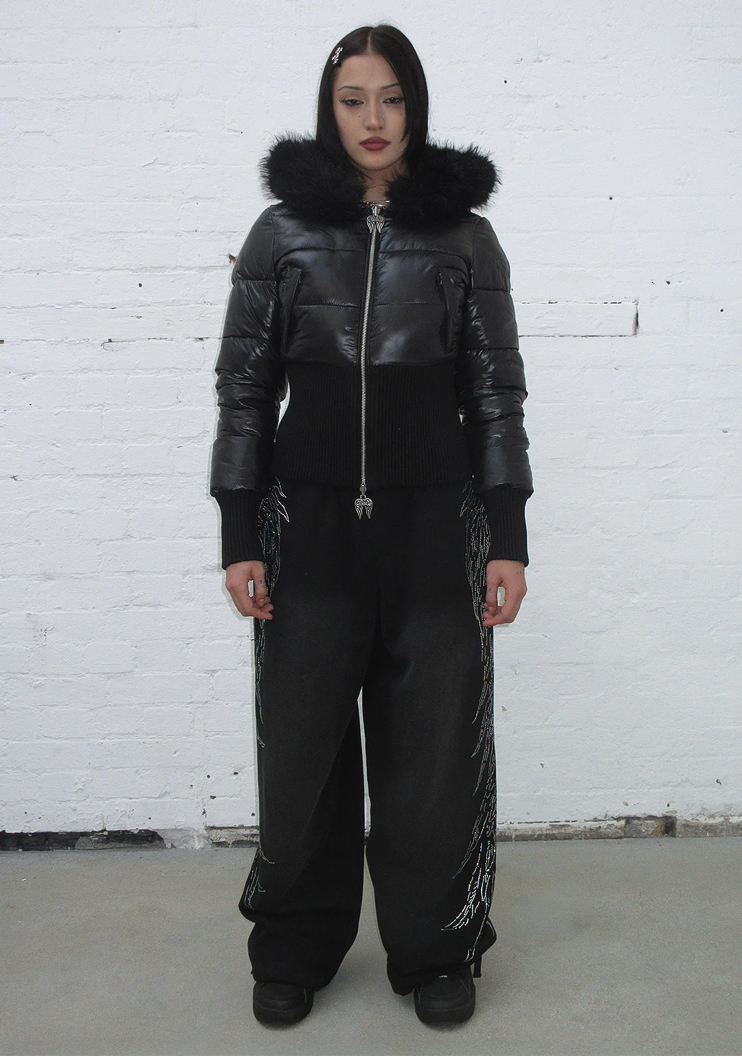 FALLEN FAUX FUR REVERSIBLE RIB PUFFER JACKET BLACK