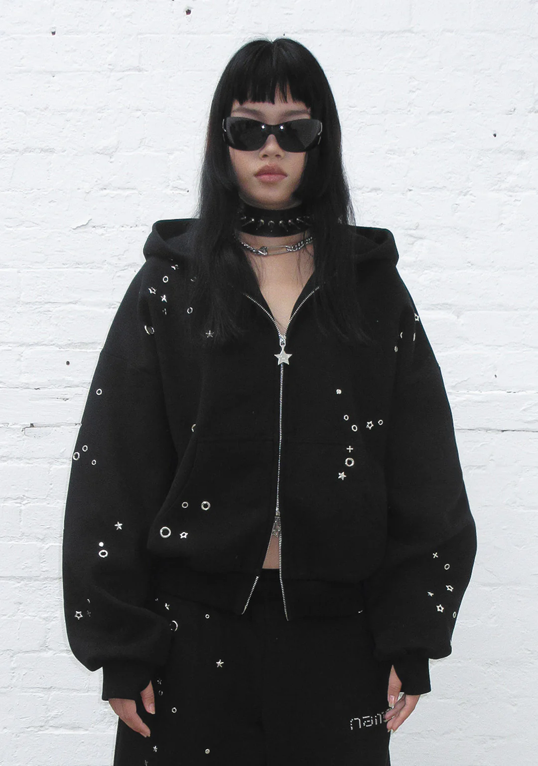GLITCH EYELET ZIP HOODIE BLACK