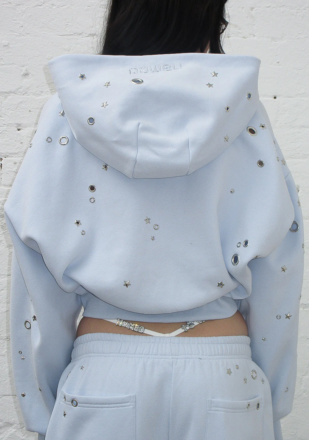 GLITCH EYELET CROP ZIP HOODIE BABY BLUE