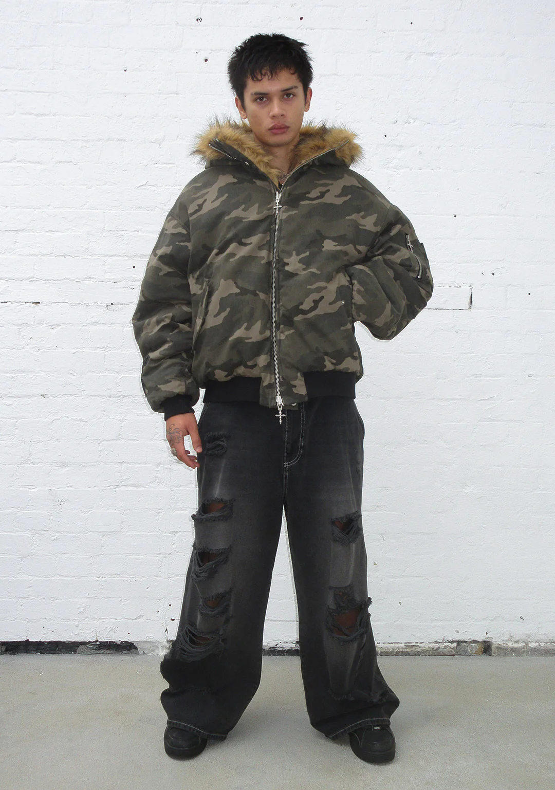 FERAL FAUX FUR REVERSIBLE BOMBER JACKET CAMO AND NATURAL