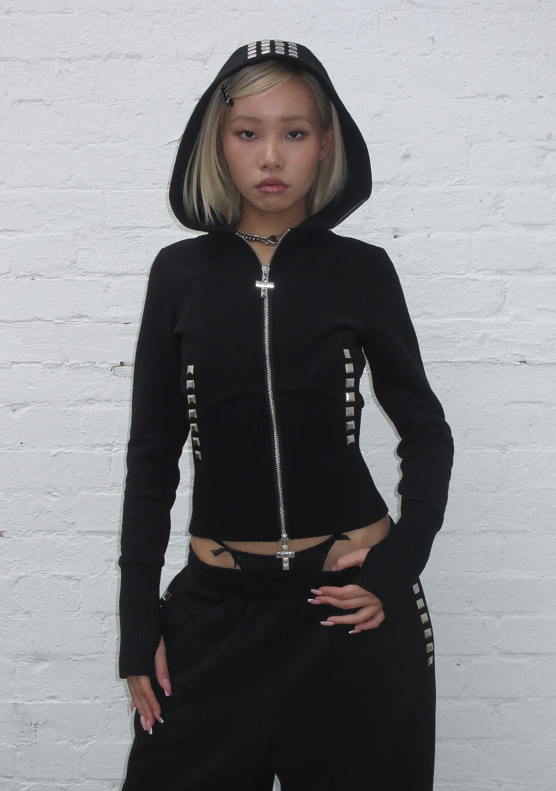 FAITHFUL FAUX FUR VEST AND FITTED ZIP HOODIE TWO PIECE SET BLACK