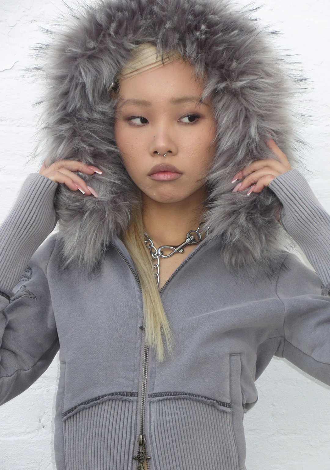 FERAL FAUX FUR FITTED ZIP HOODIE WASHED GREY (DETACHABLE FUR)