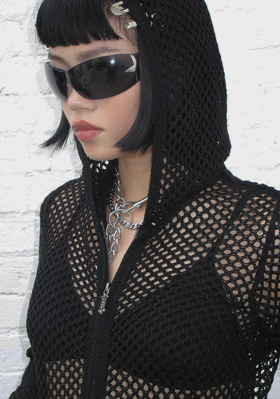 MIDNIGHT MESH KNIT HOODIE BLACK