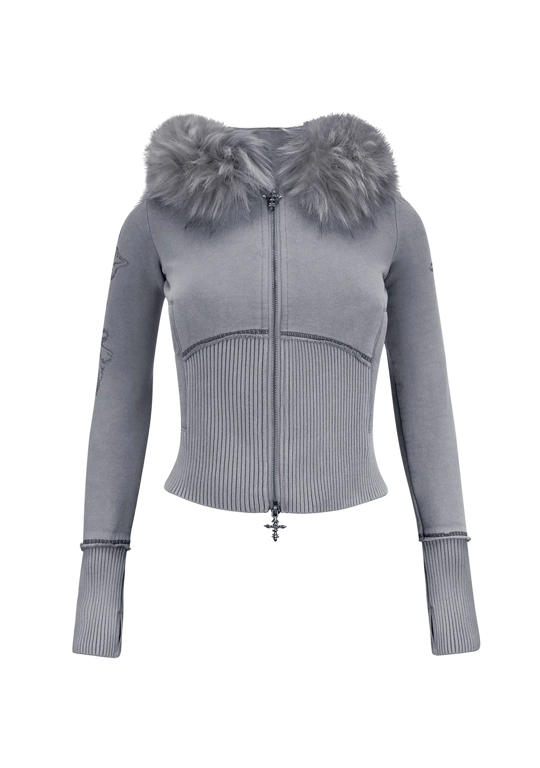 FERAL FAUX FUR FITTED ZIP HOODIE WASHED GREY (DETACHABLE FUR)