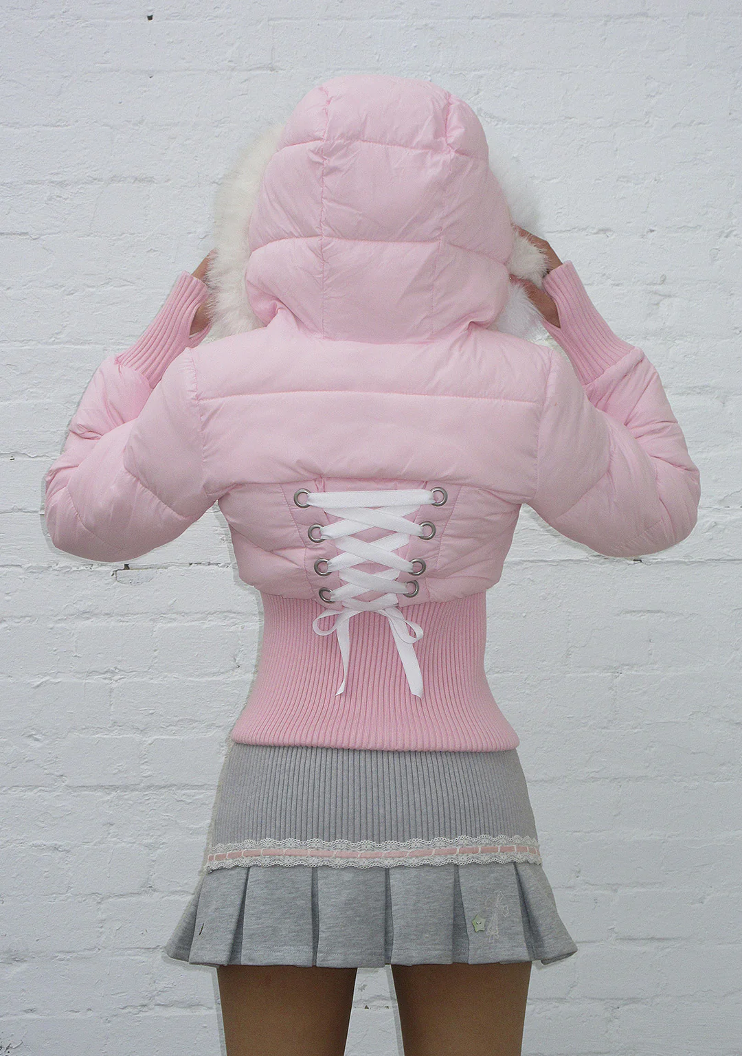 FALLEN FAUX FUR REVERSIBLE RIB PUFFER JACKET BABY PINK AND WHITE