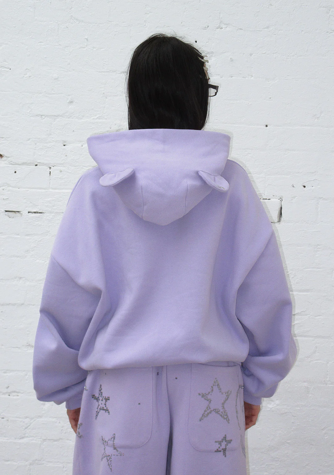DREAMER RHINESTONE TEDDY PULLOVER HOODIE LILAC