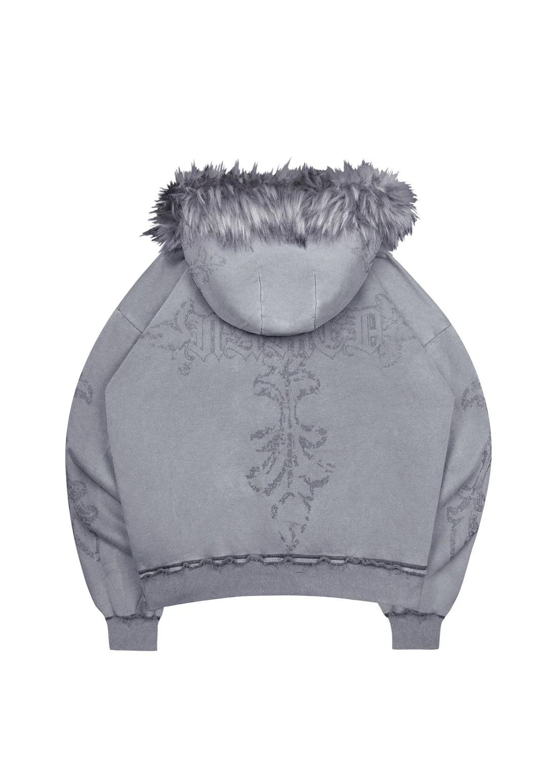 FERAL FAUX FUR STUDDED ZIP HOODIE WASHED GREY (DETACHABLE FUR)