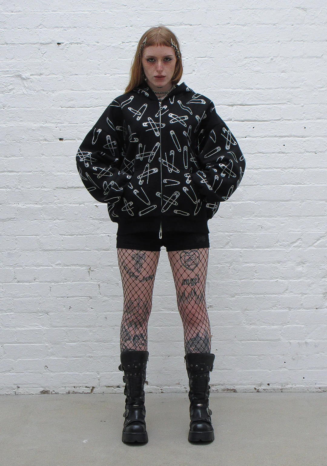 HEIST RHINESTONE SAFETY PIN ZIP HOODIE BLACK