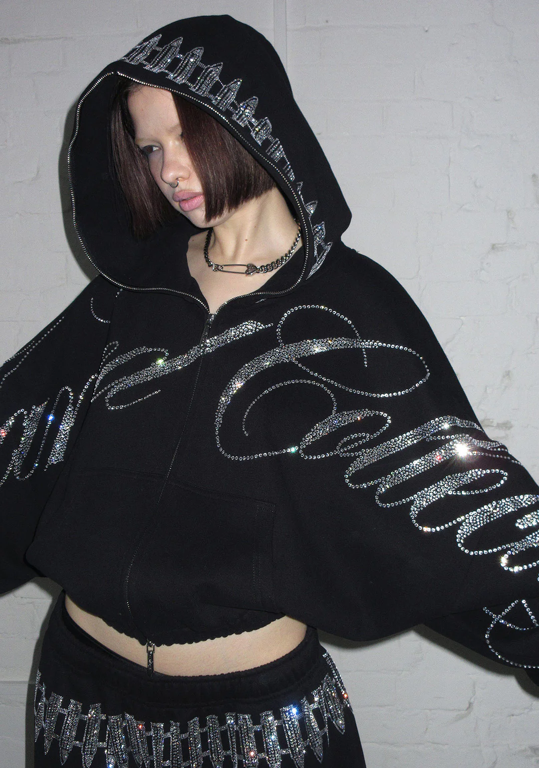 ENEMY RHINESTONE CROP ZIP HOODIE BLACK