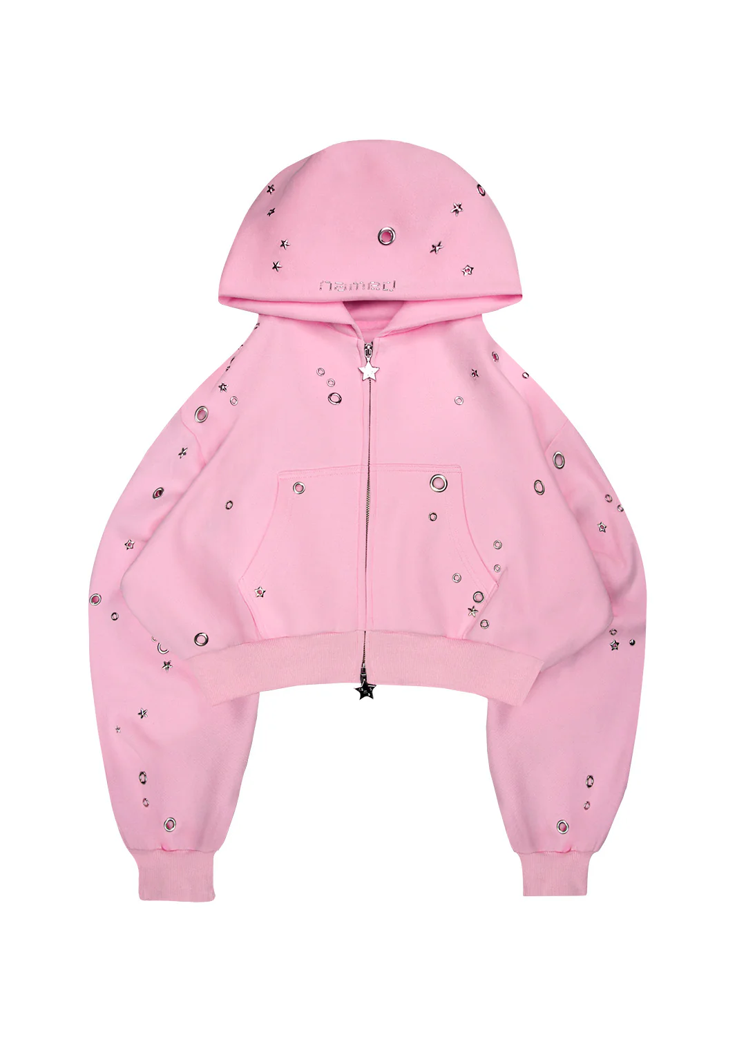GLITCH EYELET CROP ZIP HOODIE BABY PINK