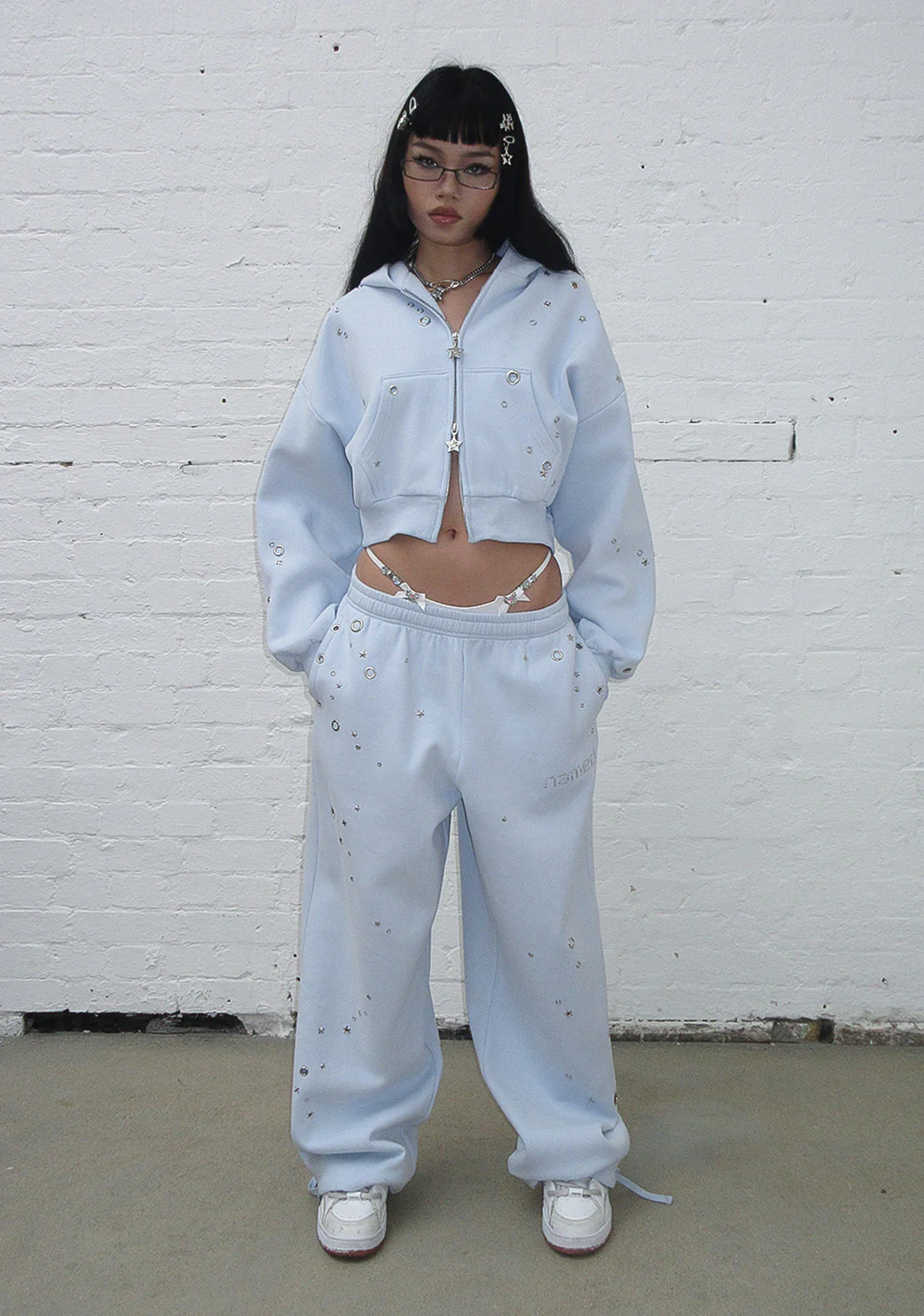 GLITCH EYELET CROP ZIP HOODIE BABY BLUE