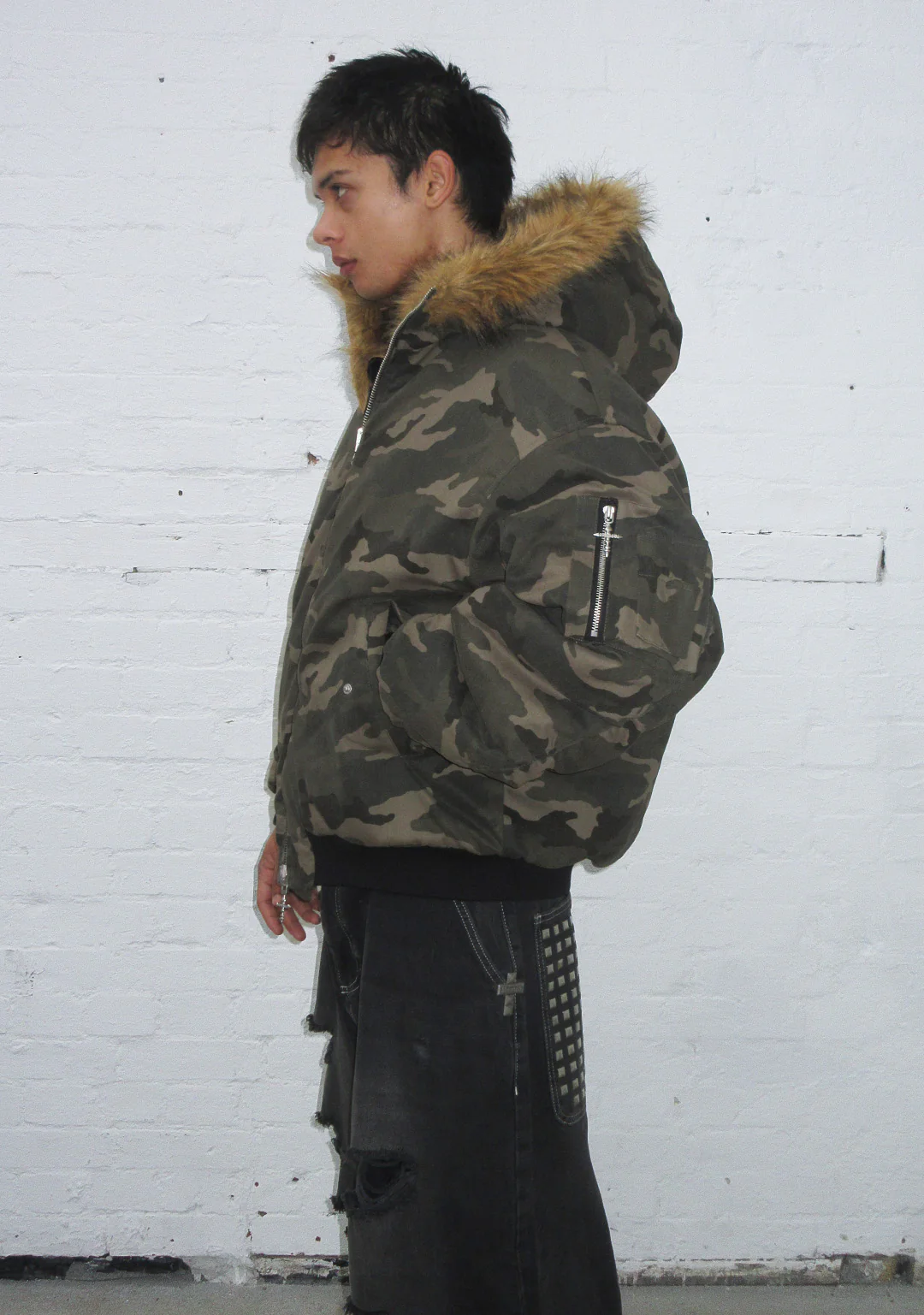 FERAL FAUX FUR REVERSIBLE BOMBER JACKET CAMO AND NATURAL