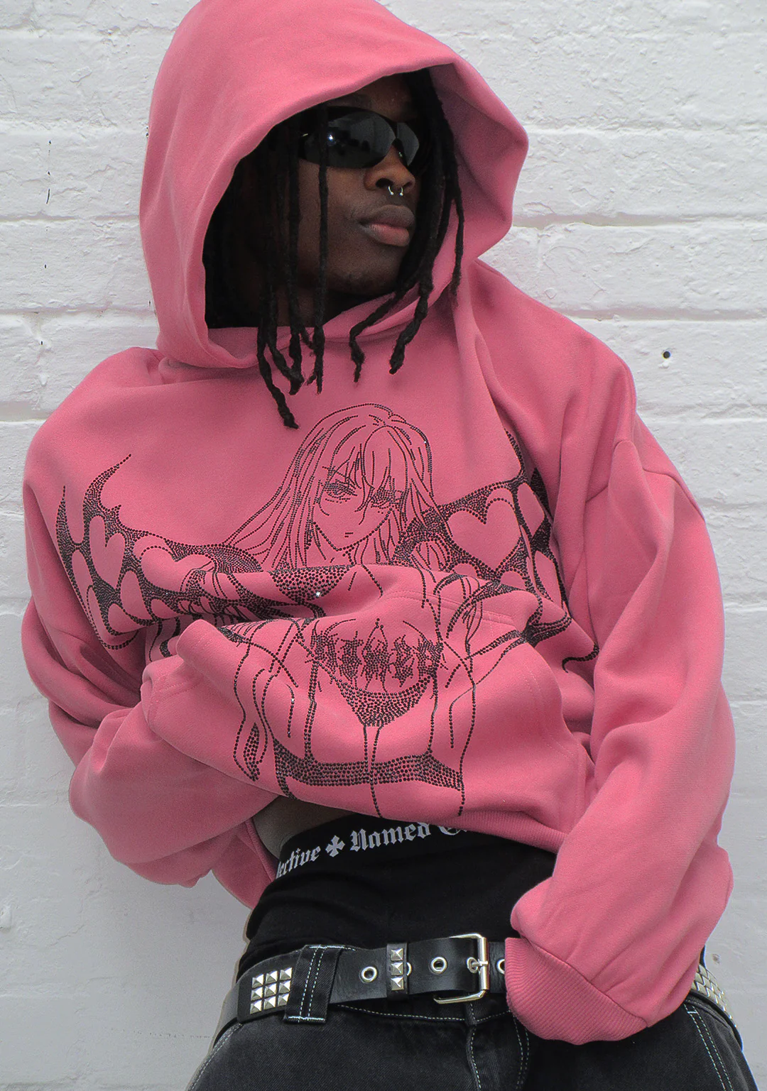 STRANGERS RHINESTONE ANGEL PULLOVER HOODIE DUSKY PINK