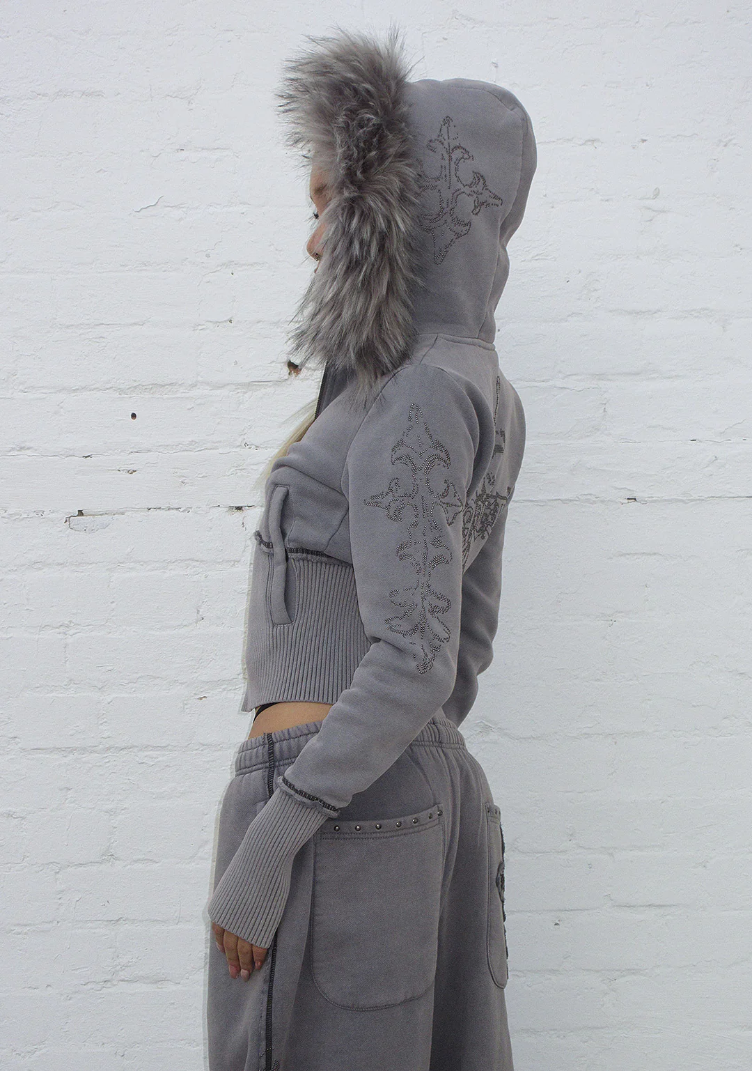 FERAL FAUX FUR FITTED ZIP HOODIE WASHED GREY (DETACHABLE FUR)