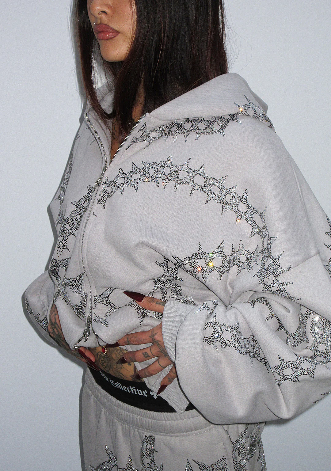 OMEN RHINESTONE ZIP HOODIE SMOKE GREY