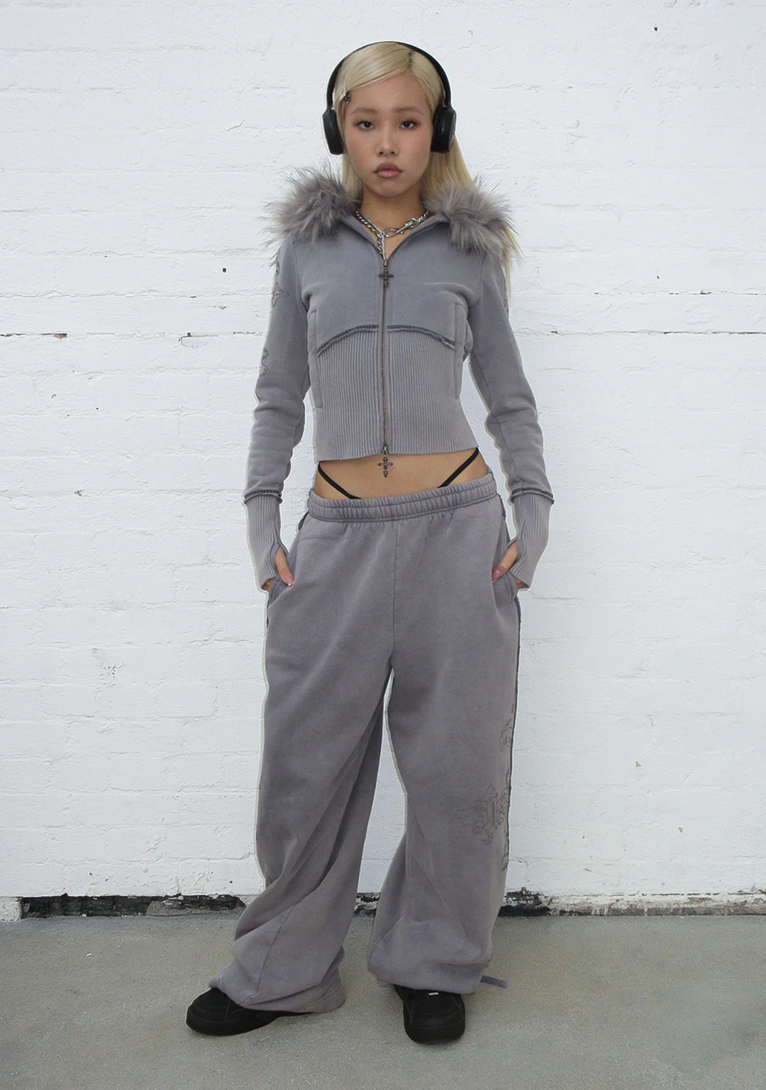 FERAL FAUX FUR FITTED ZIP HOODIE WASHED GREY (DETACHABLE FUR)