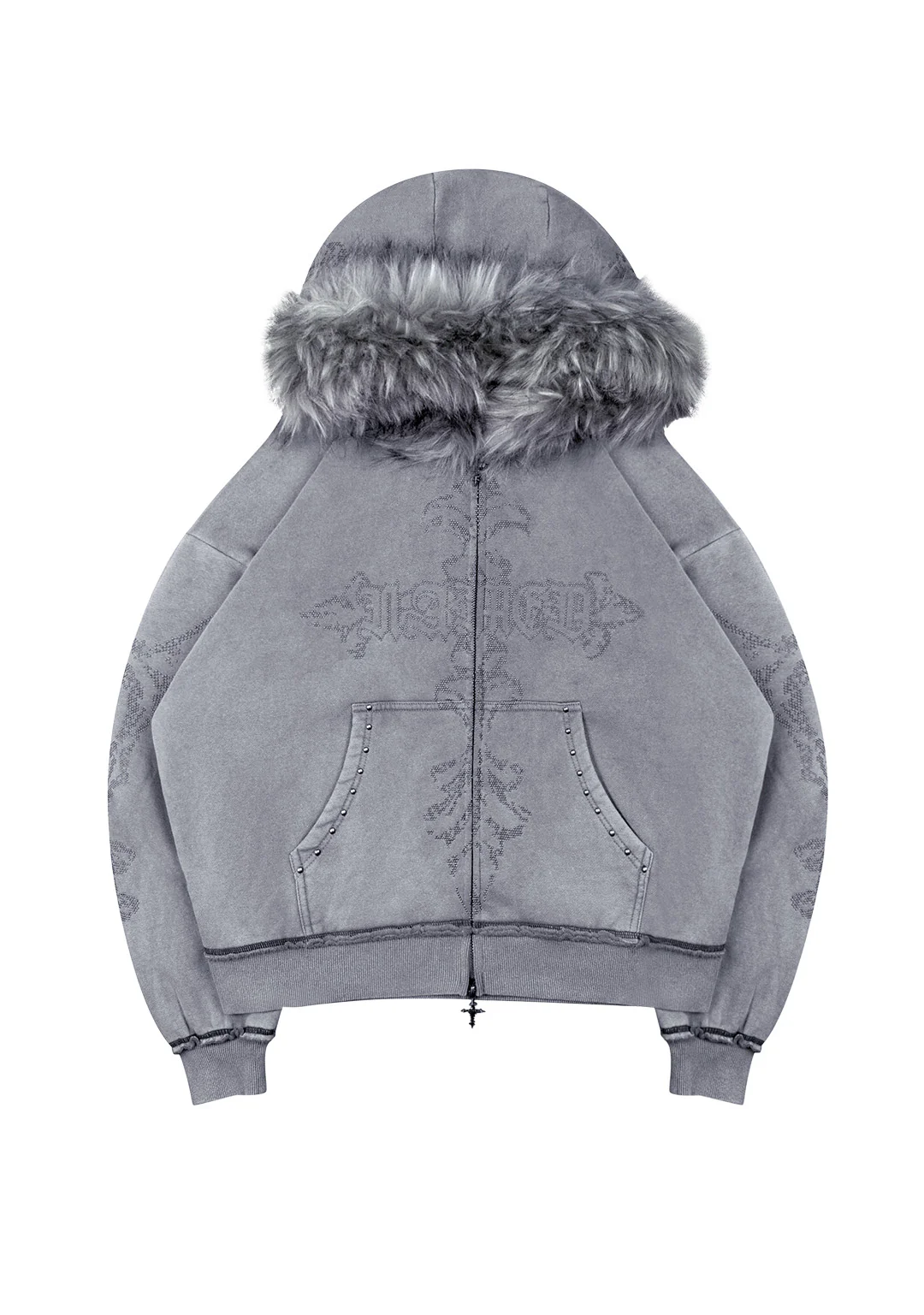 FERAL FAUX FUR STUDDED ZIP HOODIE WASHED GREY (DETACHABLE FUR)
