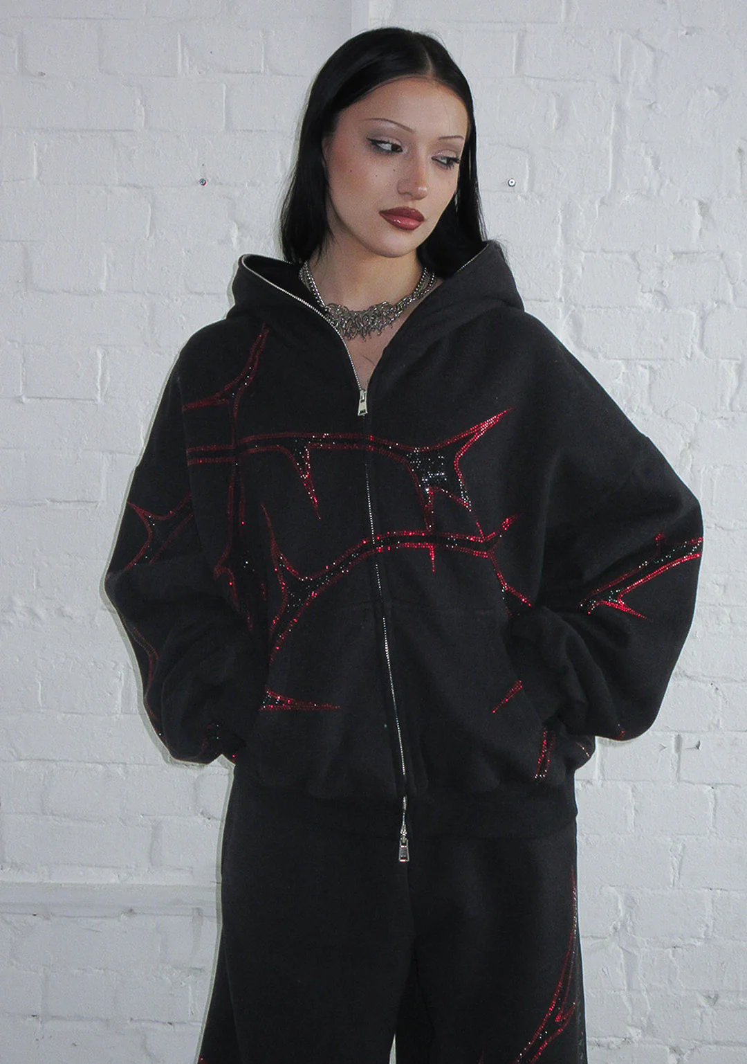THORN RHINESTONE ZIP HOODIE BLACK AND RED