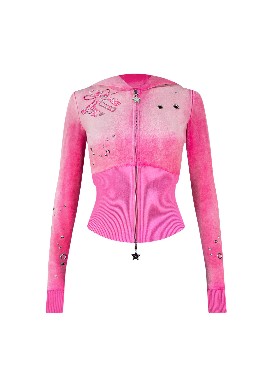 GLITCH EYELET VELOUR ZIP HOODIE WASHED HOT PINK