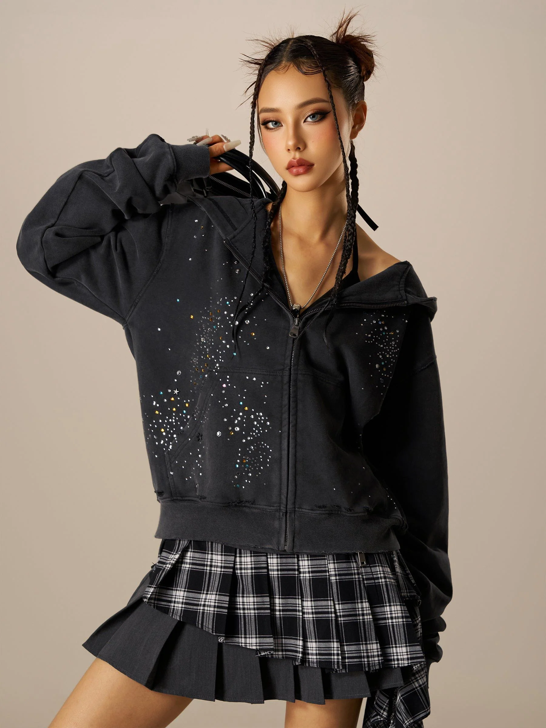 Aelfric Eden Rhinestone Boxy Zip Up V302 Hoodie