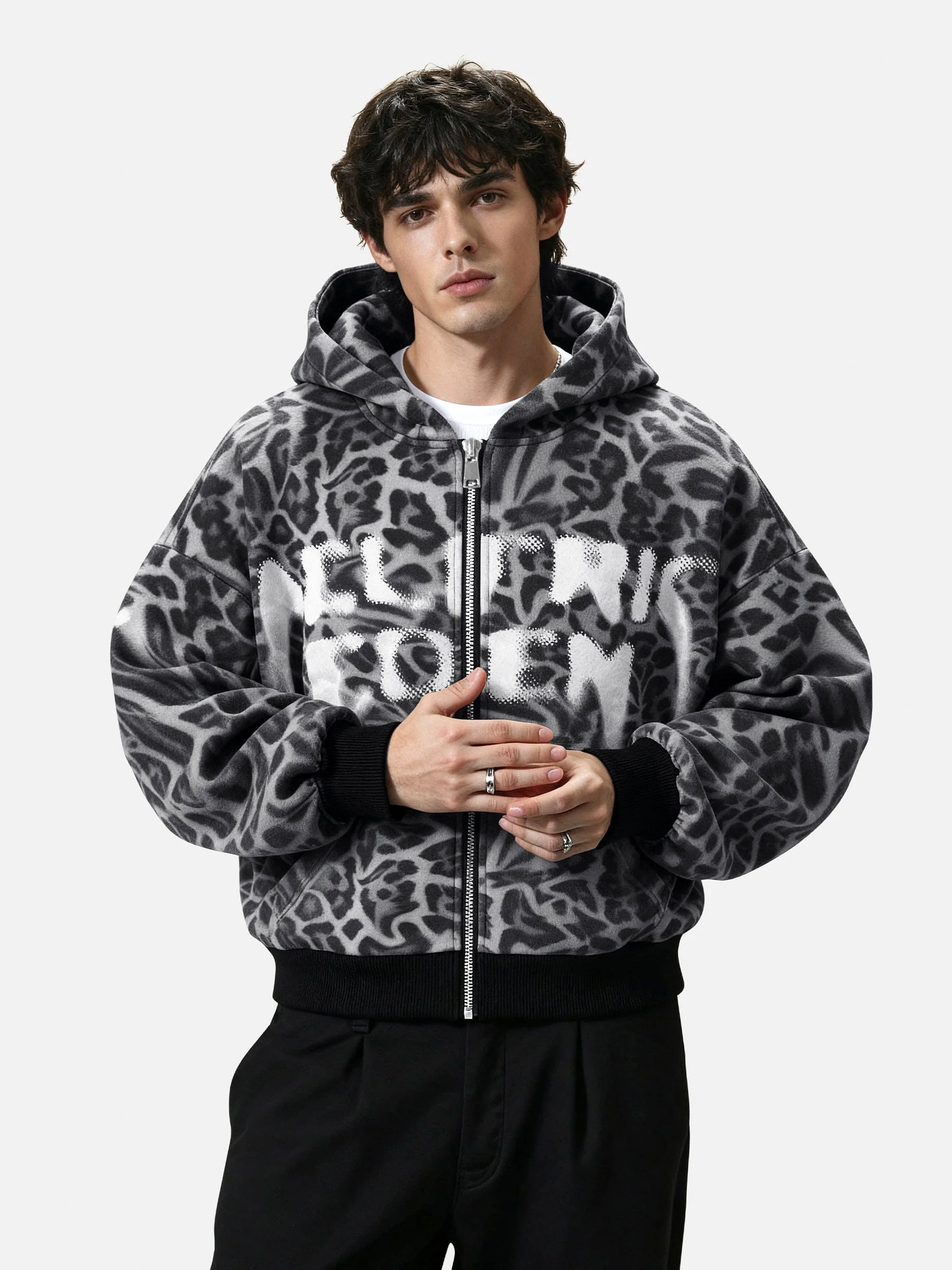 Aelfric Eden Leopard Graffiti Boxy Zip Up Hoodie