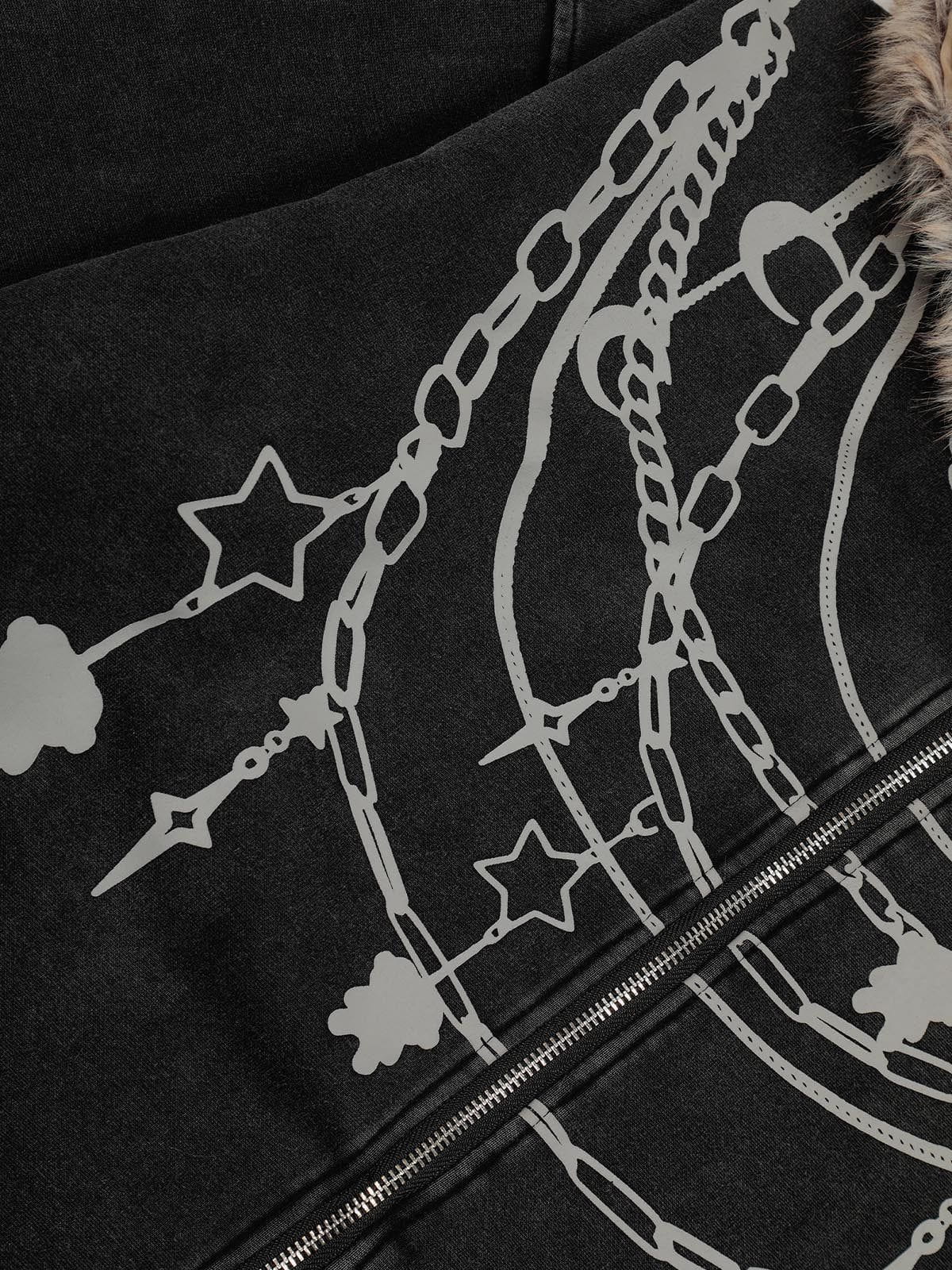 Aelfric Eden Chain Print Faux Fur Collar Zip Up Hoodie