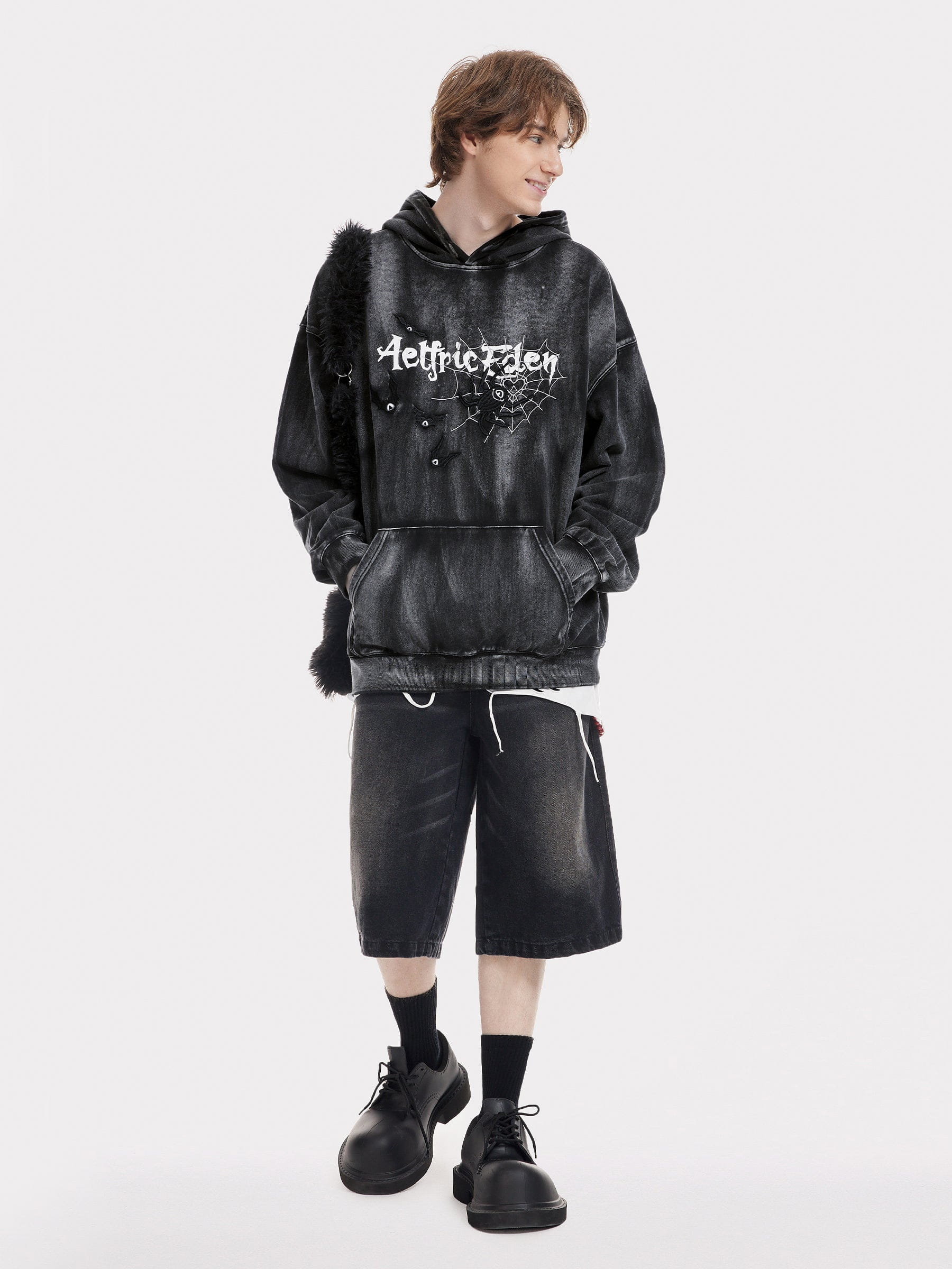 Aelfric Eden Embroidery Bat Spider Washed Pullover Hoodie