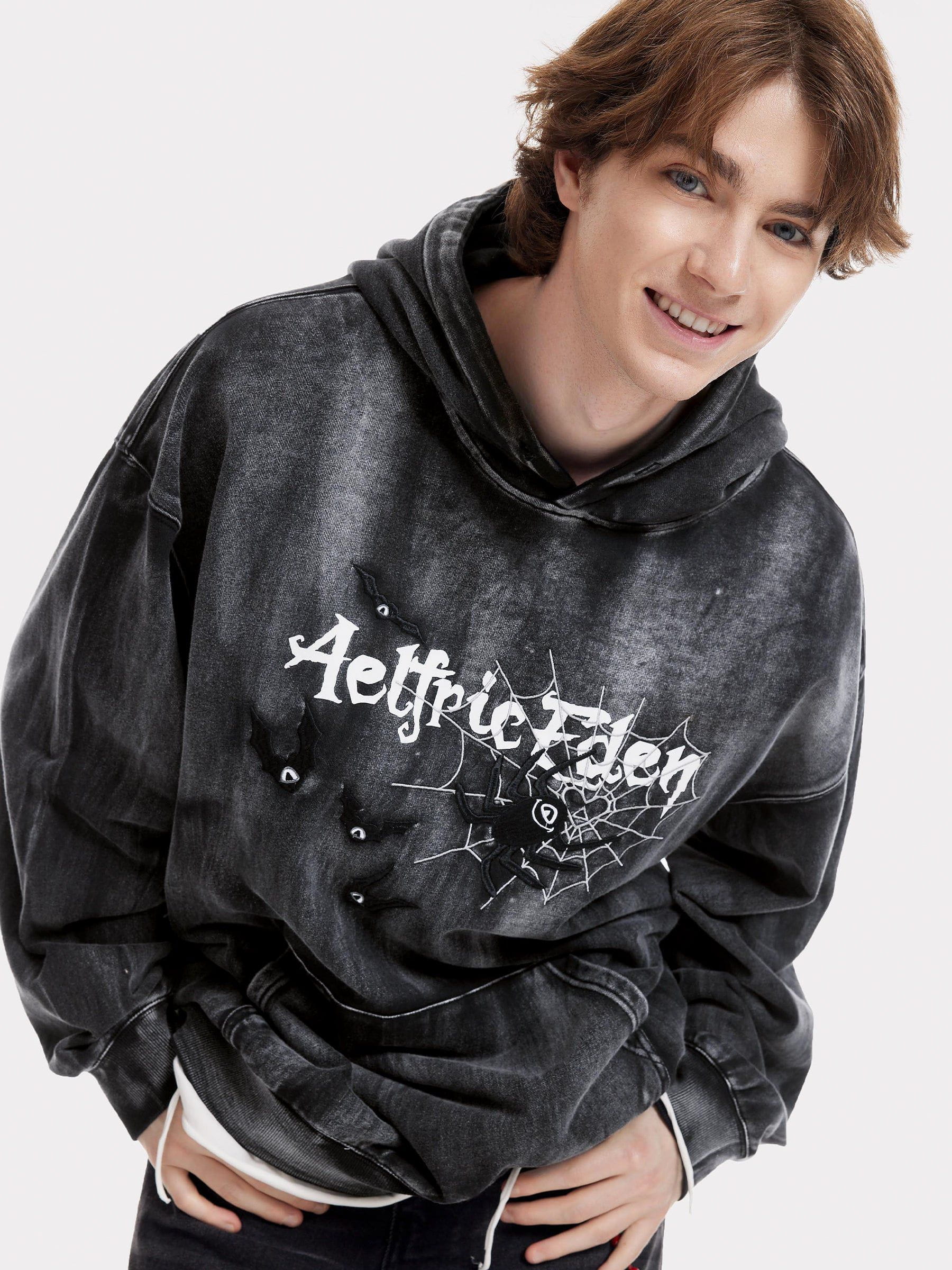 Aelfric Eden Embroidery Bat Spider Washed Pullover Hoodie
