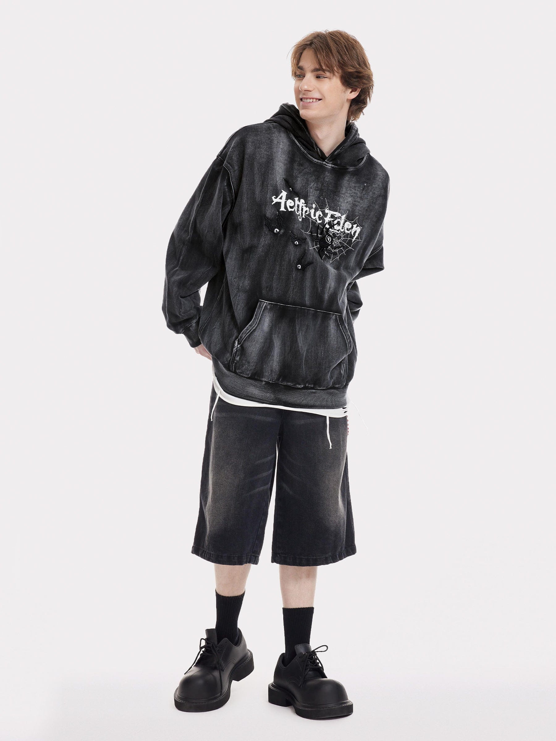 Aelfric Eden Embroidery Bat Spider Washed Pullover Hoodie
