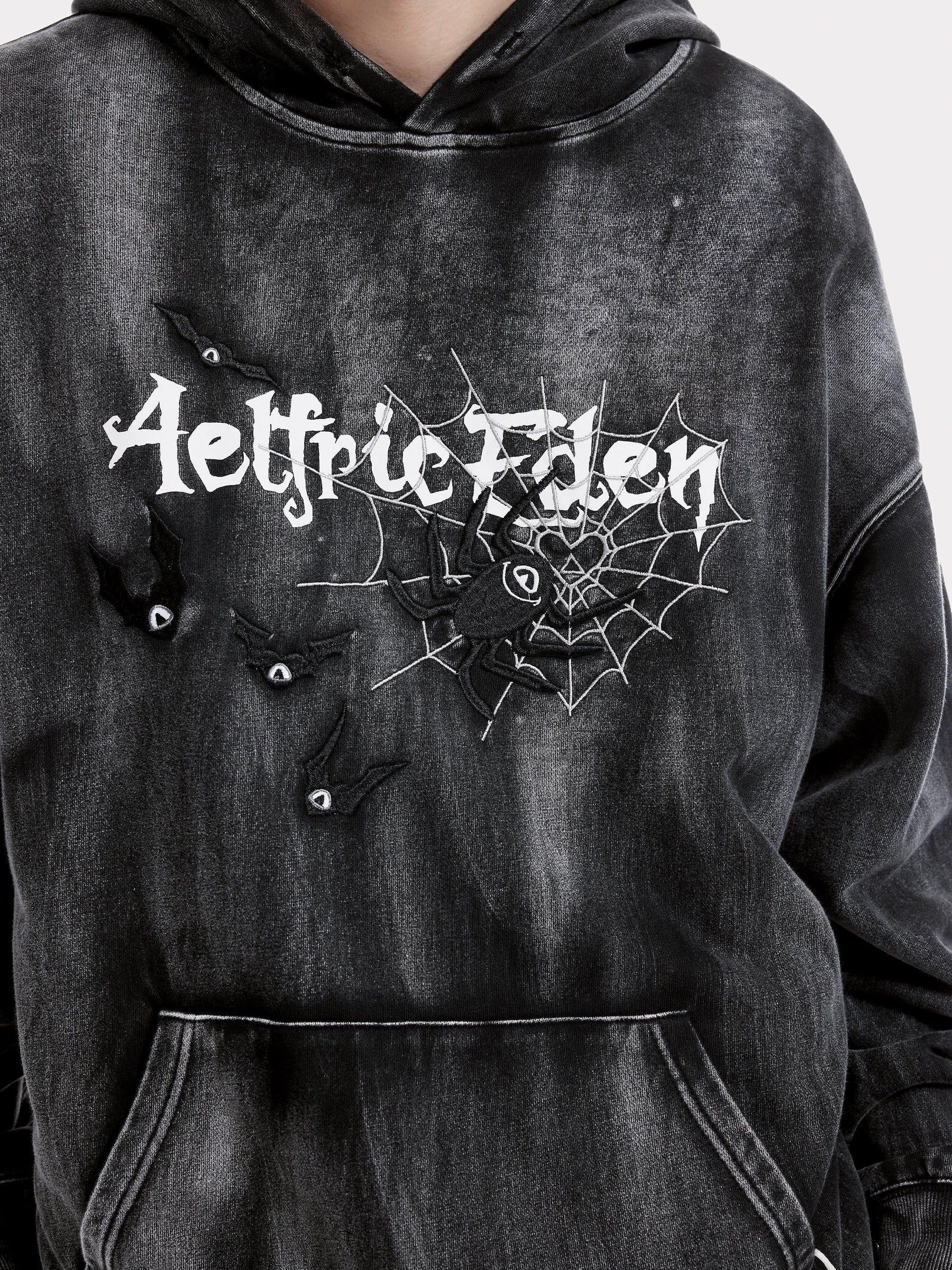 Aelfric Eden Embroidery Bat Spider Washed Pullover Hoodie