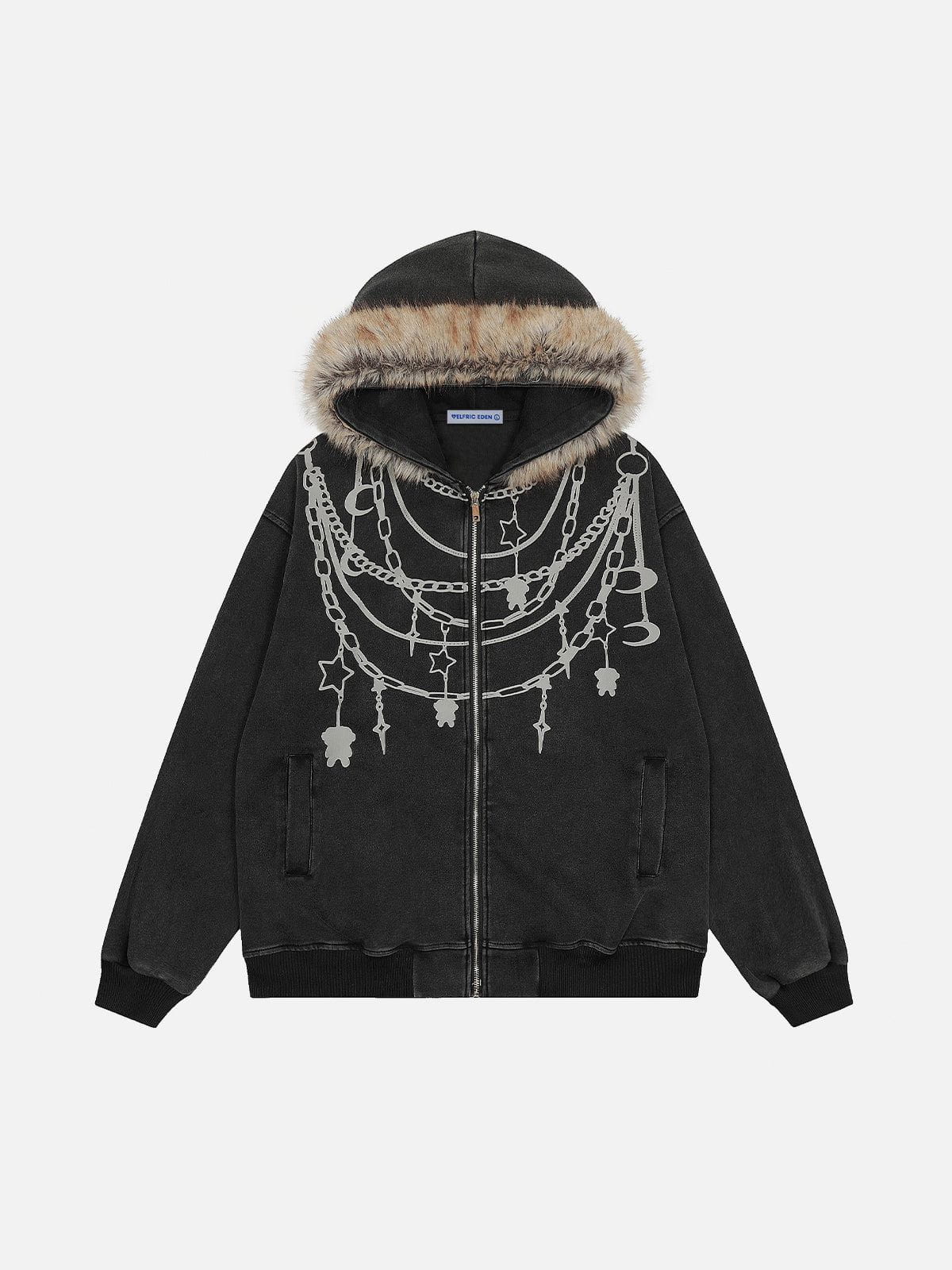 Aelfric Eden Chain Print Faux Fur Collar Zip Up Hoodie